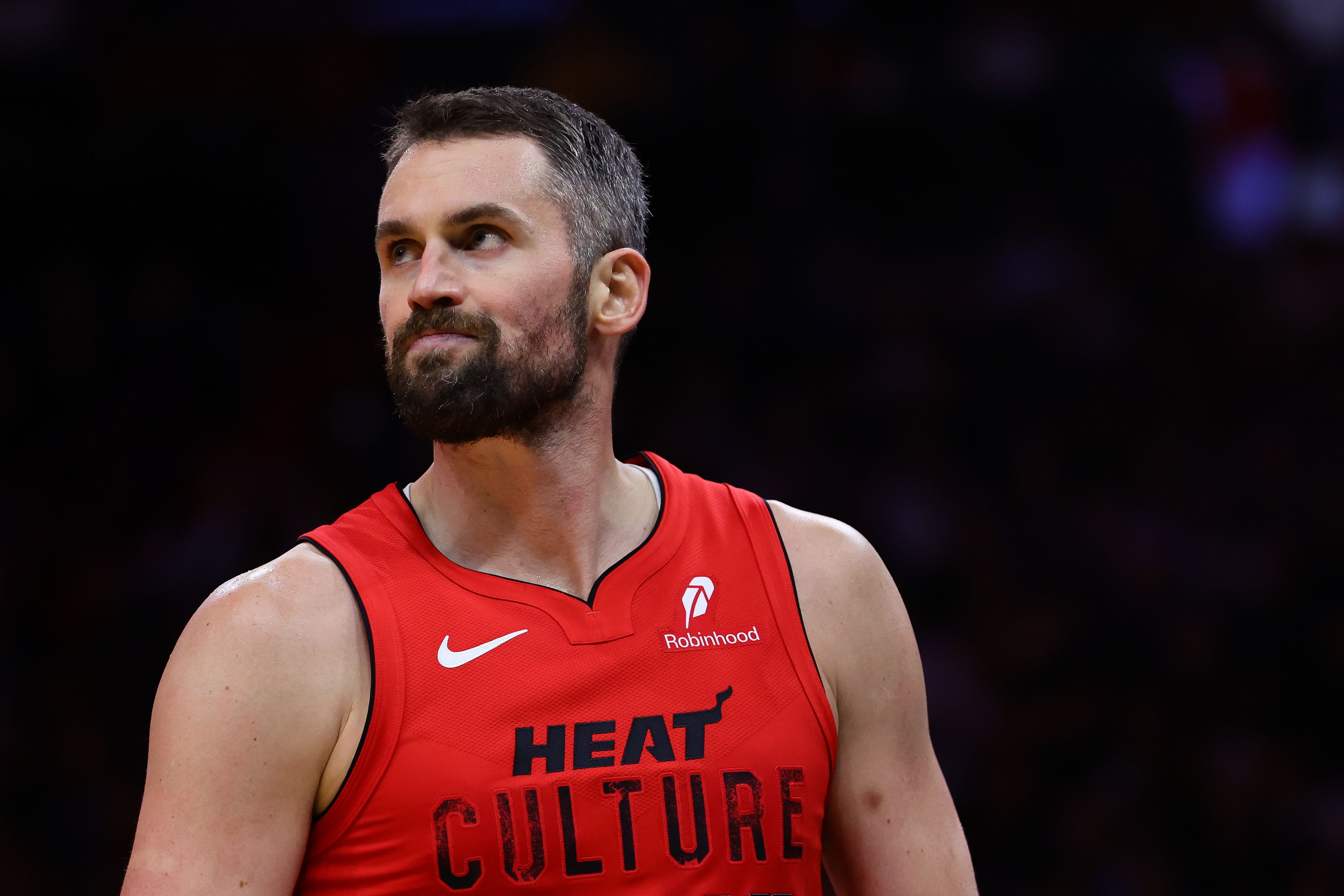 Forward Kevin Love looks on against the Philadelphia 76ers at Kaseya Center. Photo Credit: Imagn