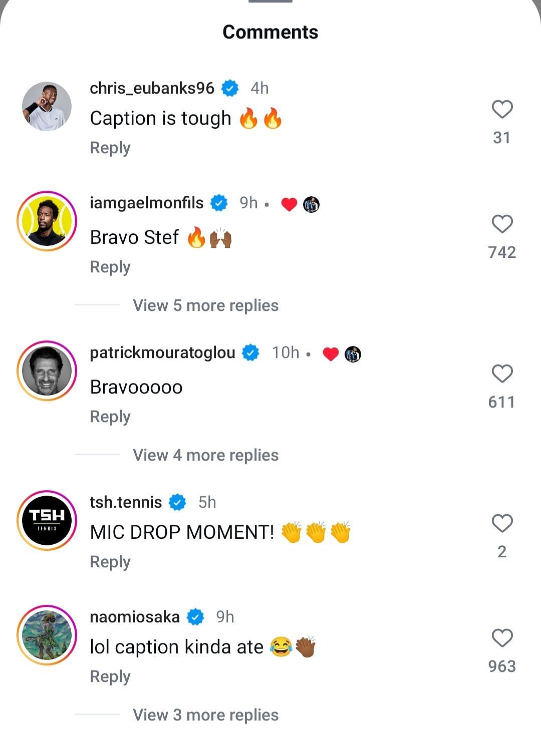 Gael Monfils, Patrick Mouratoglou, Naomi Osaka and Chris Eubanks&#039; comments on Stefanos Tsitsipas&#039; Instagram post celebrating his Dubai title triumph (Source: Instagram/stefanostsitsipas98)