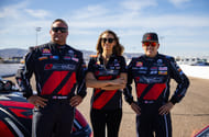 NHRA funny car driver Matt Hagan (left), top fuel driver Leah Pruett (center), and Tony Stewart pose for a portrait prior to the Arizona Nationals at Firebird Motorsports Park - Source: Imagn