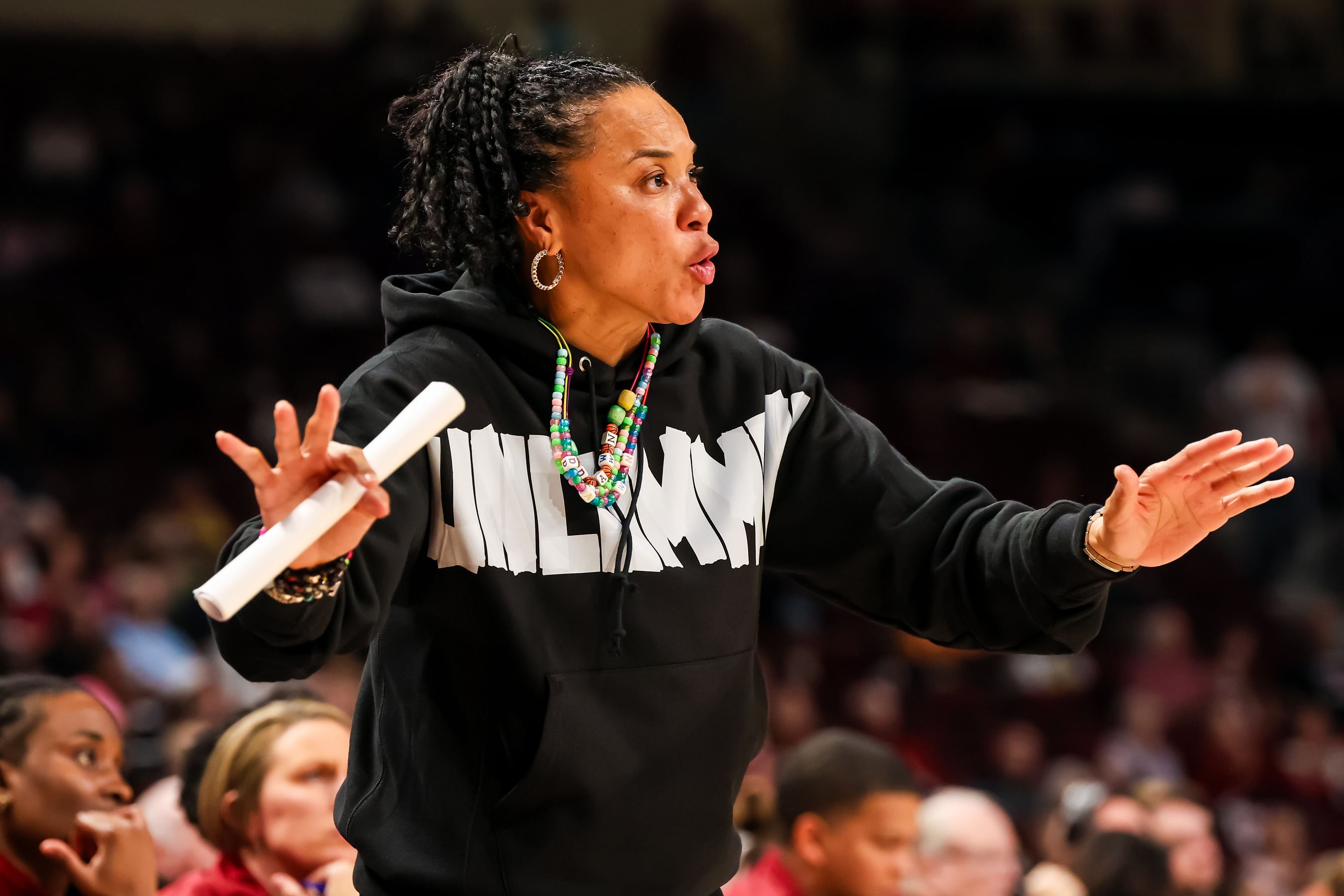 South Carolina coach Dawn Staley directs her team against Charleston Southern in the second half of their NCAA basketball game at Colonial Life Arena. Photo: Imagn