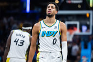 Indiana Pacers guard Tyrese Haliburton against the OKC Thunder at Gainbridge Fieldhouse. Photo Credit: Imagn