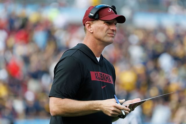 Dec 31, 2024; Tampa, FL, USA; Alabama Crimson Tide head coach Kalen DeBoer looks on against the Michigan Wolverines during the first half at Raymond James Stadium. Mandatory Credit: Matt Pendleton-Imagn Images - Source: Imagn