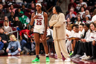 South Carolina Gamecocks coach Dawn Staley speaks with guard Raven Johnson (25) in the first half at Colonial Life Arena. Mandatory Credit: Photo: Imagn
