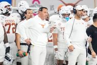 Texas Longhorns coach Steve Sarkisian reacts during an NCAA football game. (Credits: IMAGN)