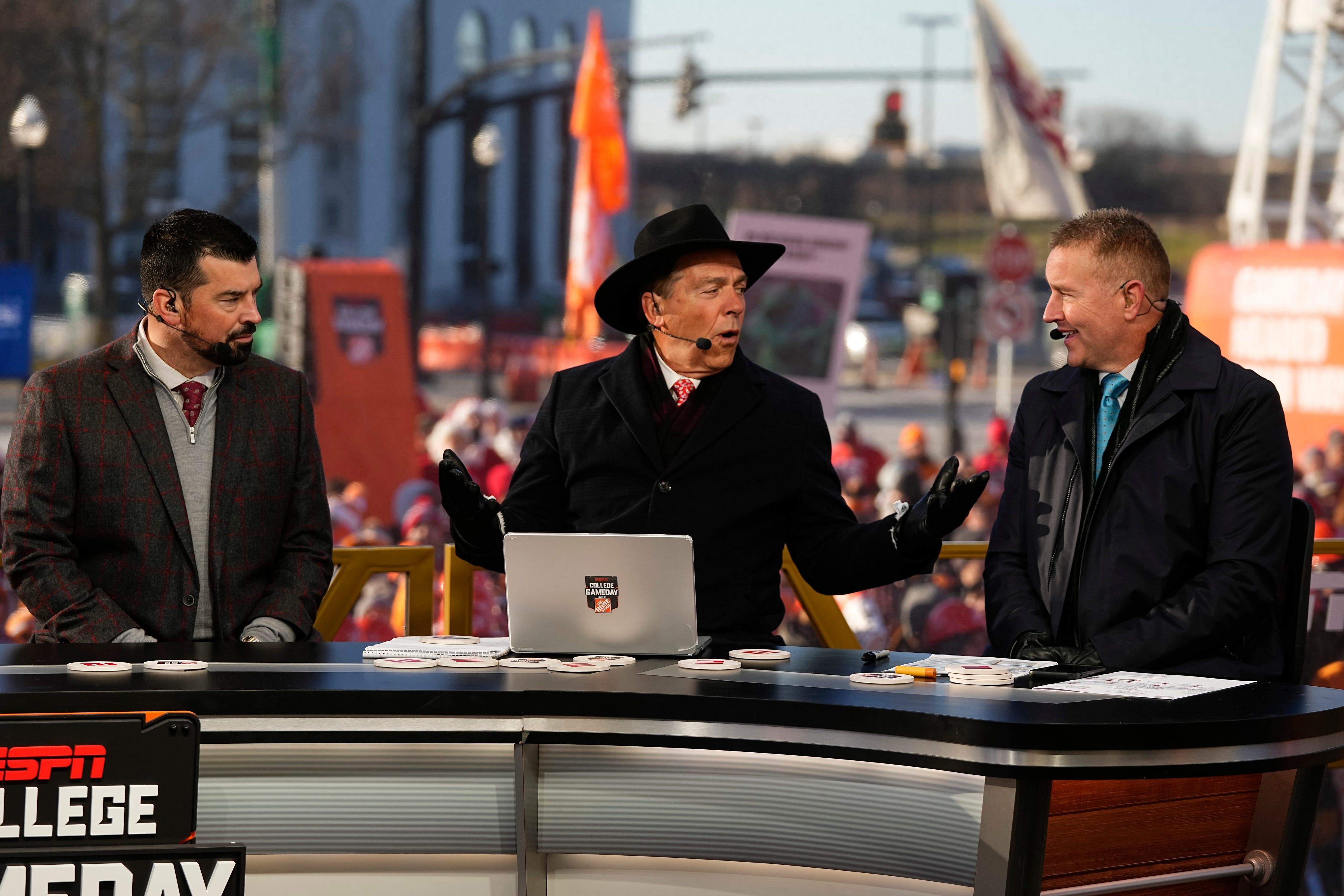 Ryan Day sits with Nick Saban and Kirk Herbstreit on the set of ESPN College GameDay - Source: Imagn