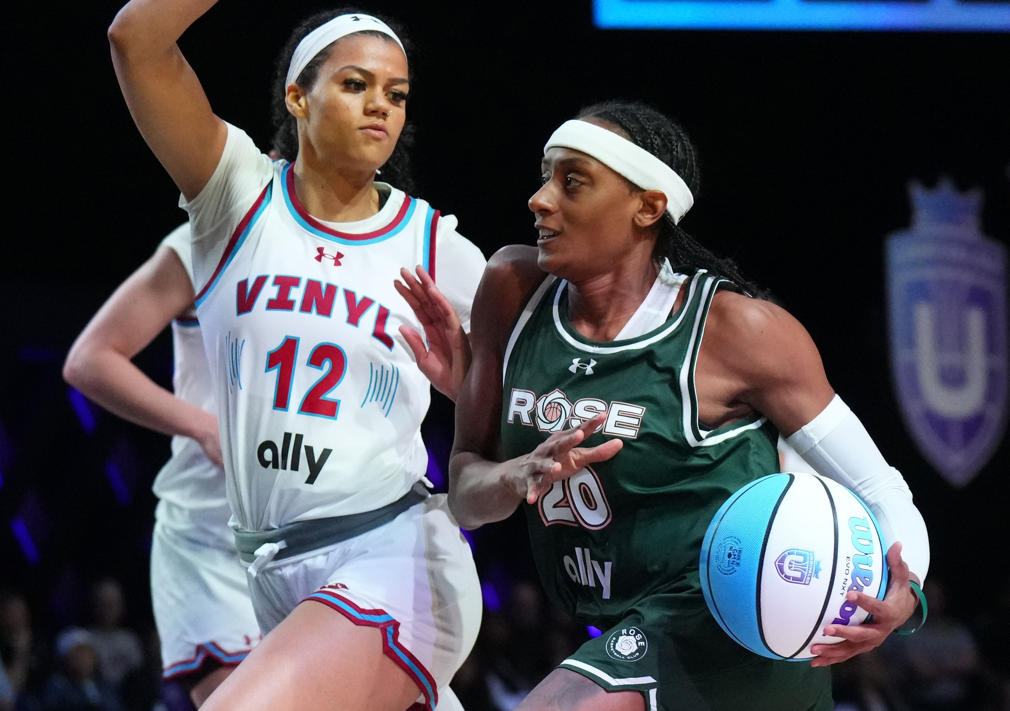 Brittney Sykes of the Rose drives to the basket against Rae Burrell of the Vinyl BC during the Unrivaled league at Wayfair Arena. Photo Credit: Imagn