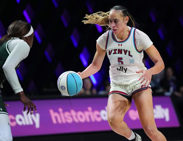 Dearica Hamby of the Vinyl brings the ball up the court against the Rose of the Unrivaled women&rsquo;s professional 3v3 basketball league at Wayfair Arena. Photo Credit: Imagn