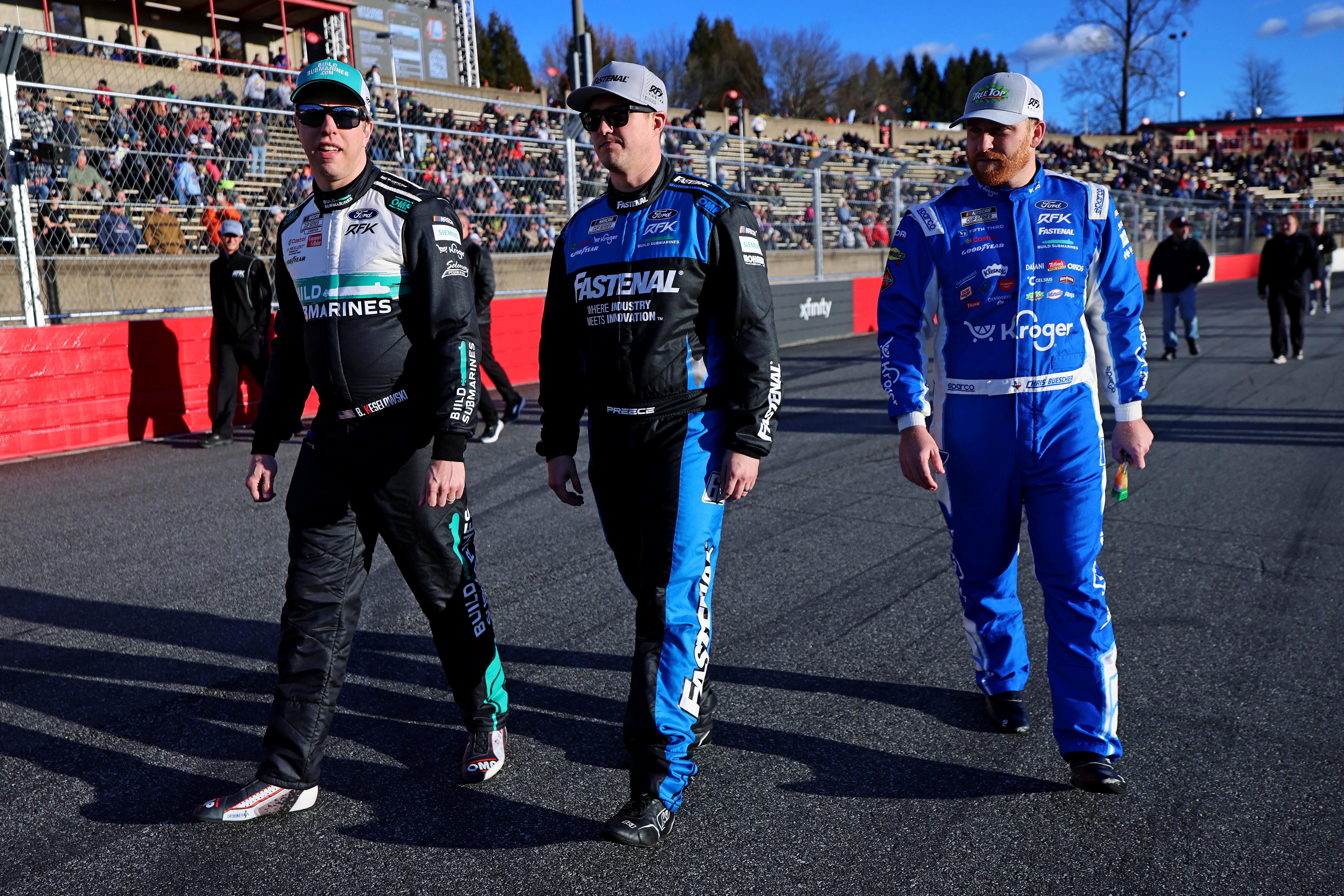 (L-R)Brad Keselowski, Ryan Preece, and Chris Buescher walk the track before practice for the Clash at Bowman Gray- Source: Imagn