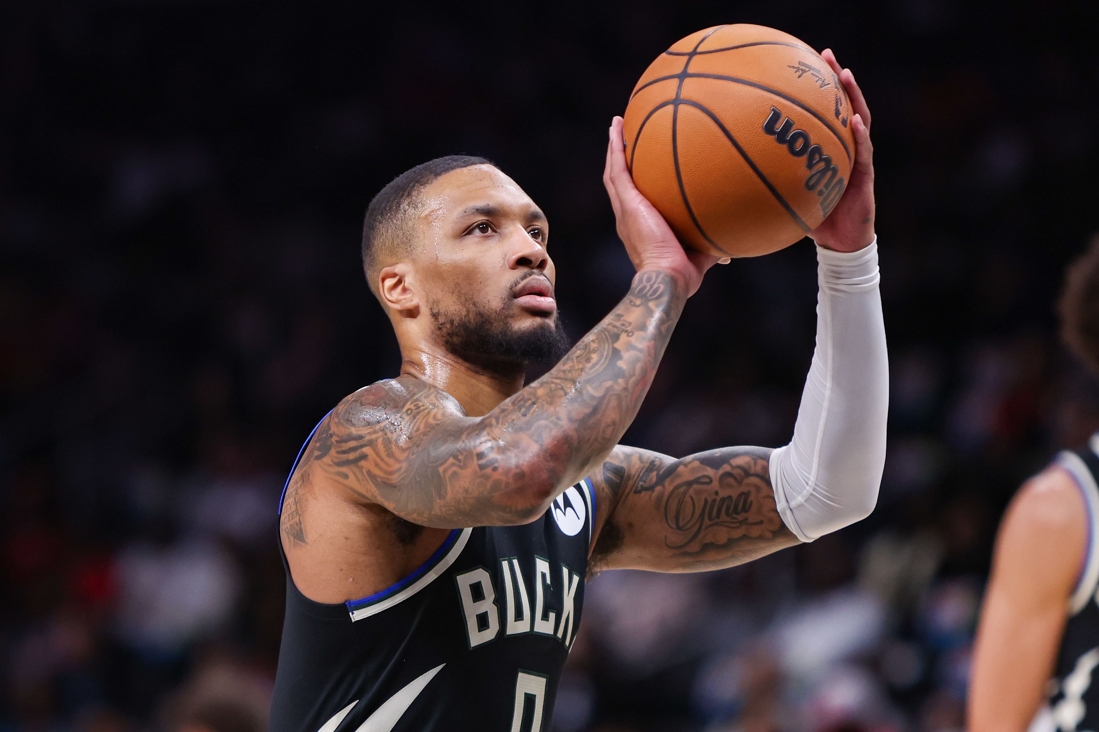 Milwaukee Bucks guard Damian Lillard shoots a free throw against the Atlanta Hawks at State Farm Arena. Photo Credit: Imagn