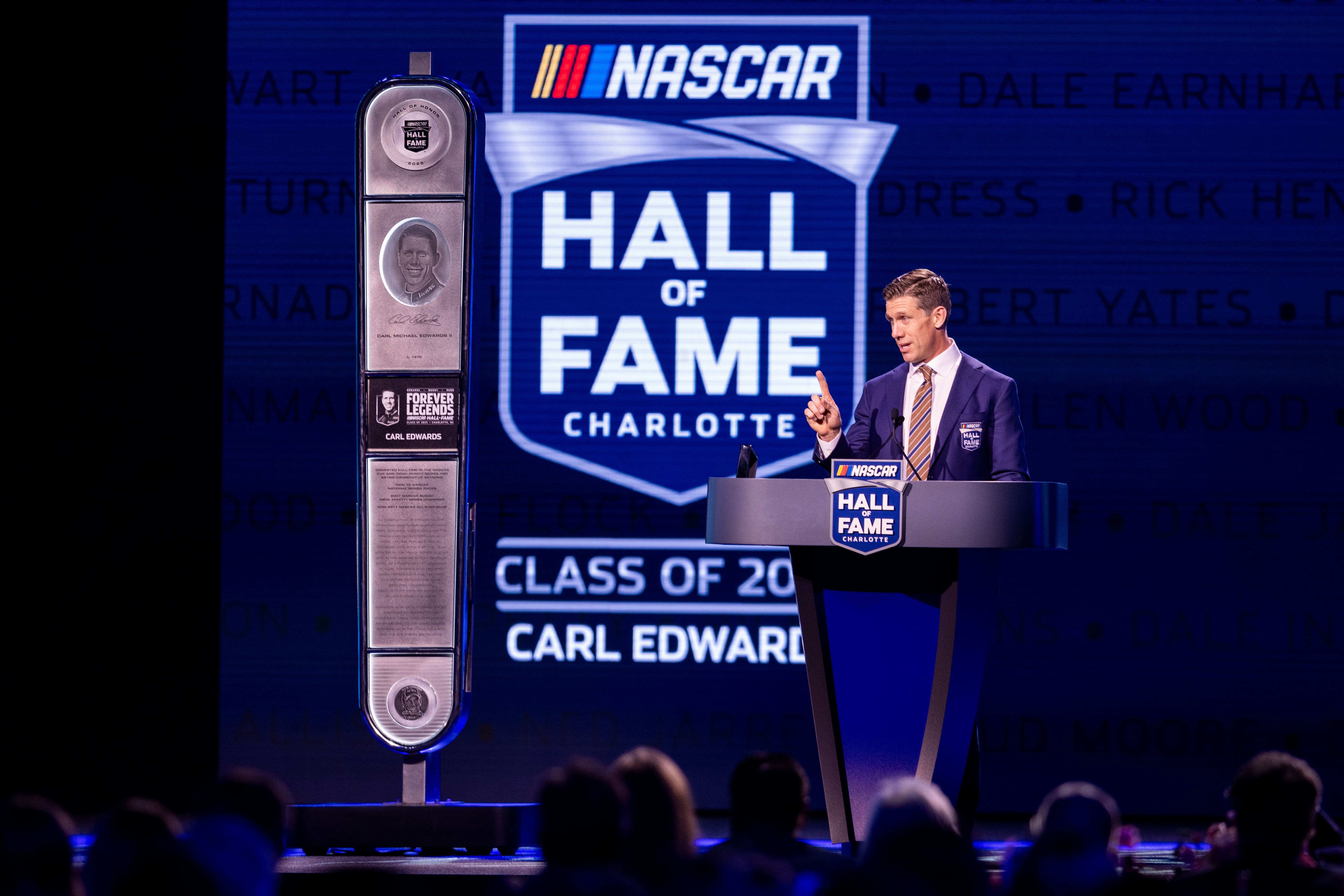 Carl Edwards accepts his induction into the NASCAR Hall Of Fame at Charlotte Convention Center Crown Ballroom, February 7th 2025 - Source: Imagn