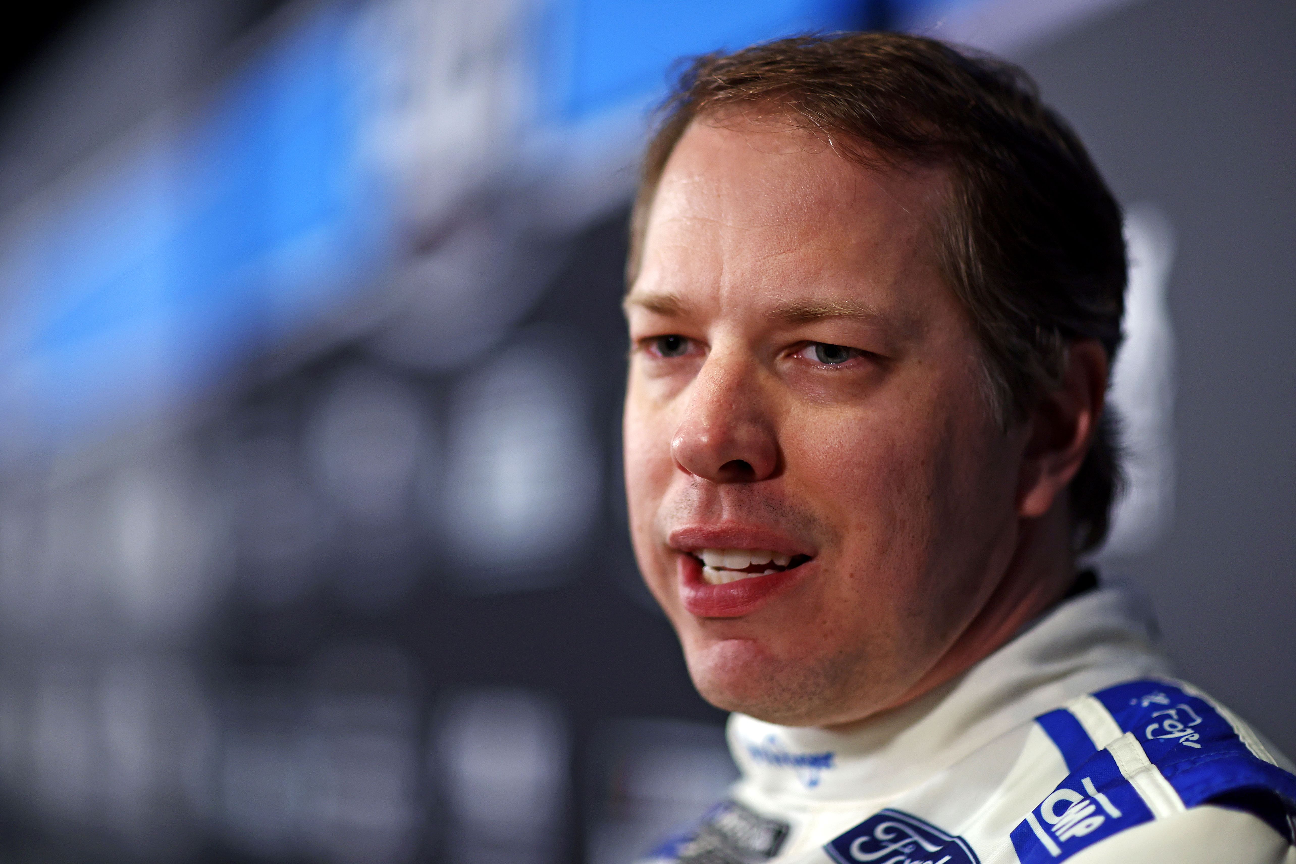 Feb 12, 2025; Daytona Beach, Florida, USA; NASCAR Cup Series driver Brad Keselowski (6) during Daytona 500 media day at Daytona International Speedway. Mandatory Credit: Peter Casey-Imagn Images - Source: Imagn