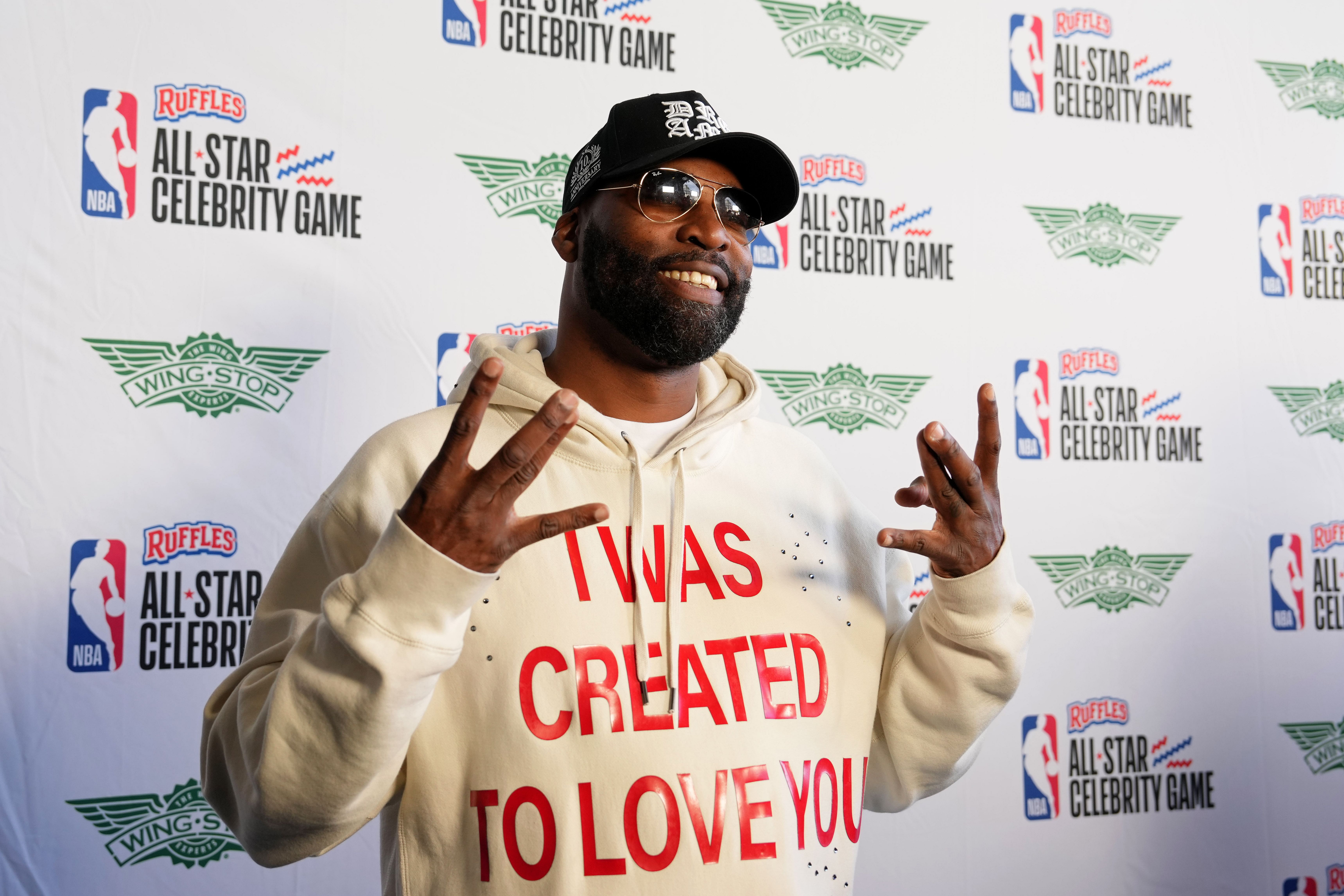 Baron Davis before the celebrity game ahead of the 2025 NBA All Star Game at Oakland Arena. Photo Credit: Imagn