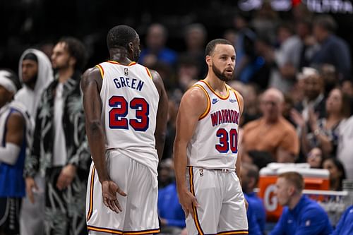 Golden State Warriors forward Draymond Green and guard Stephen Curry at the American Airlines Center. Photo Credit: Imagn