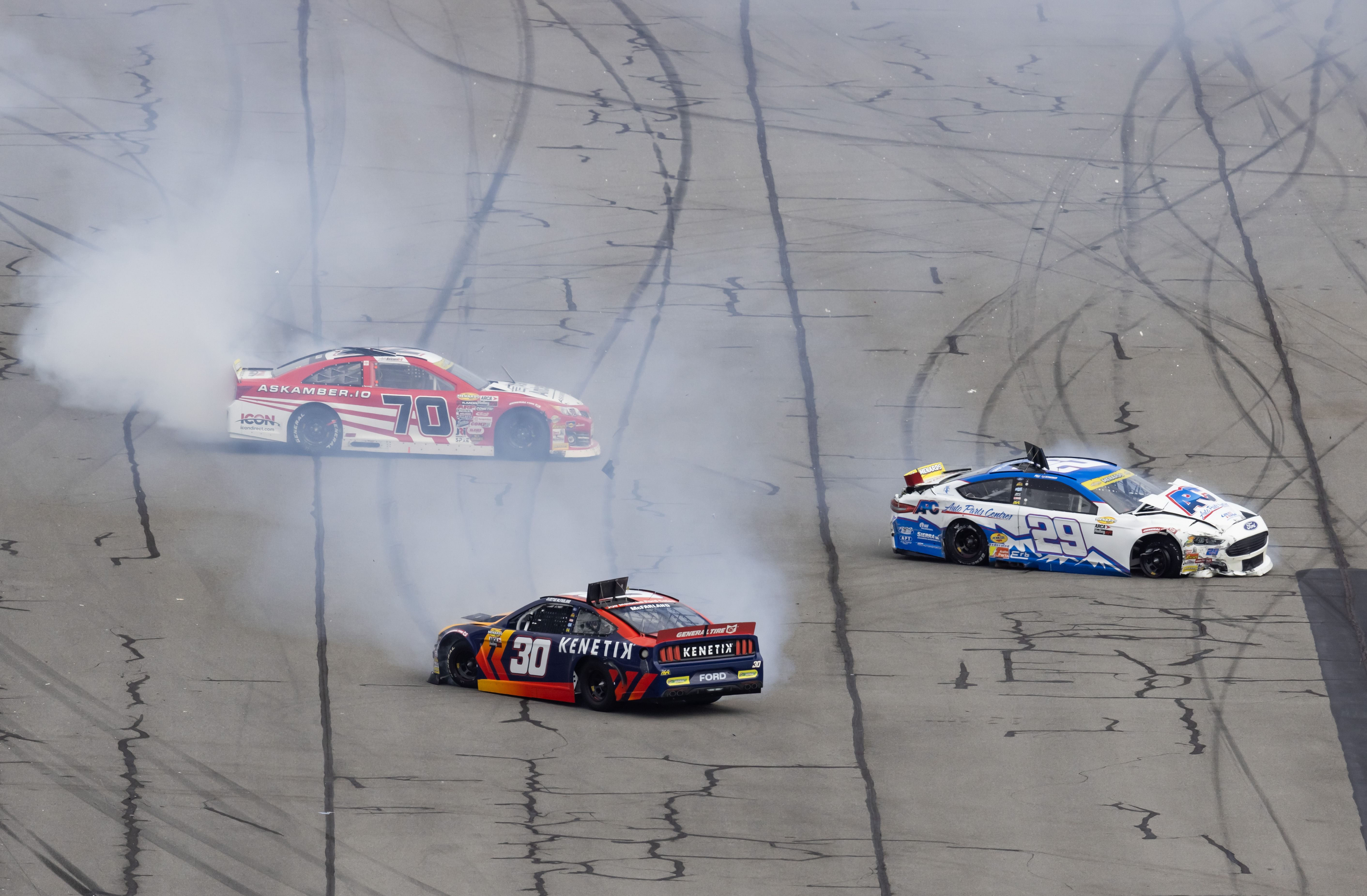 Garrett Mitchell (30), driver Kyle Steckly (29) and driver Amber Balcaen (70) wreck during Ride the &lsquo;Dente 200 at Daytona International Speedway - Source: Imagn