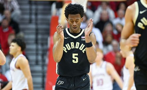 Purdue Boilermakers guard Myles Colvin (#5) celebrates after a play during the first half against the Indiana Hoosiers at Simon Skjodt Assembly Hall. Photo: Imagn