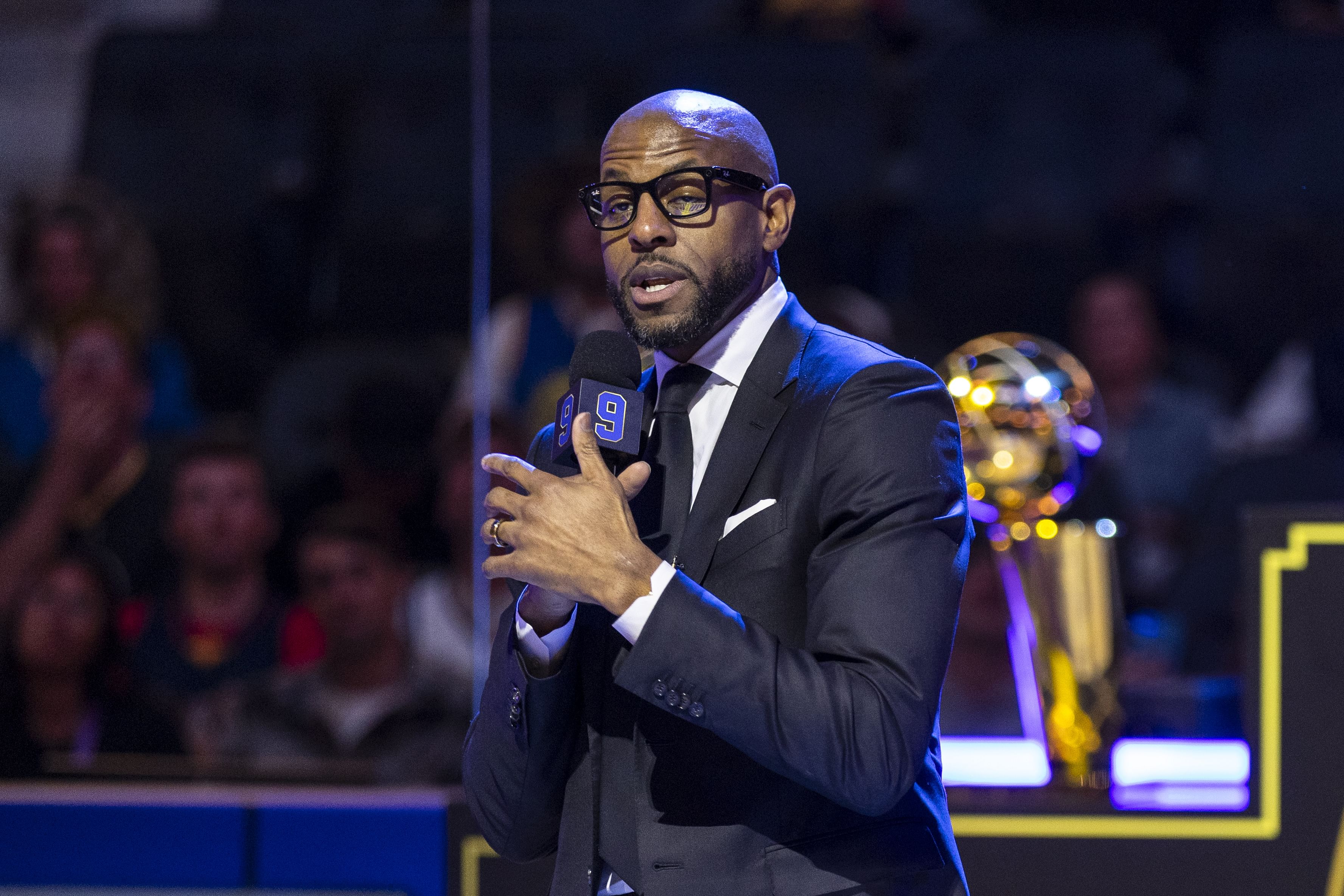 Feb 23, 2025; San Francisco, California, USA; Former Golden State Warriors player Andre Iguodala talks during the Andre Iguodala jersey retirement ceremony at Chase Center. Mandatory Credit: John Hefti-Imagn Images - Source: Imagn