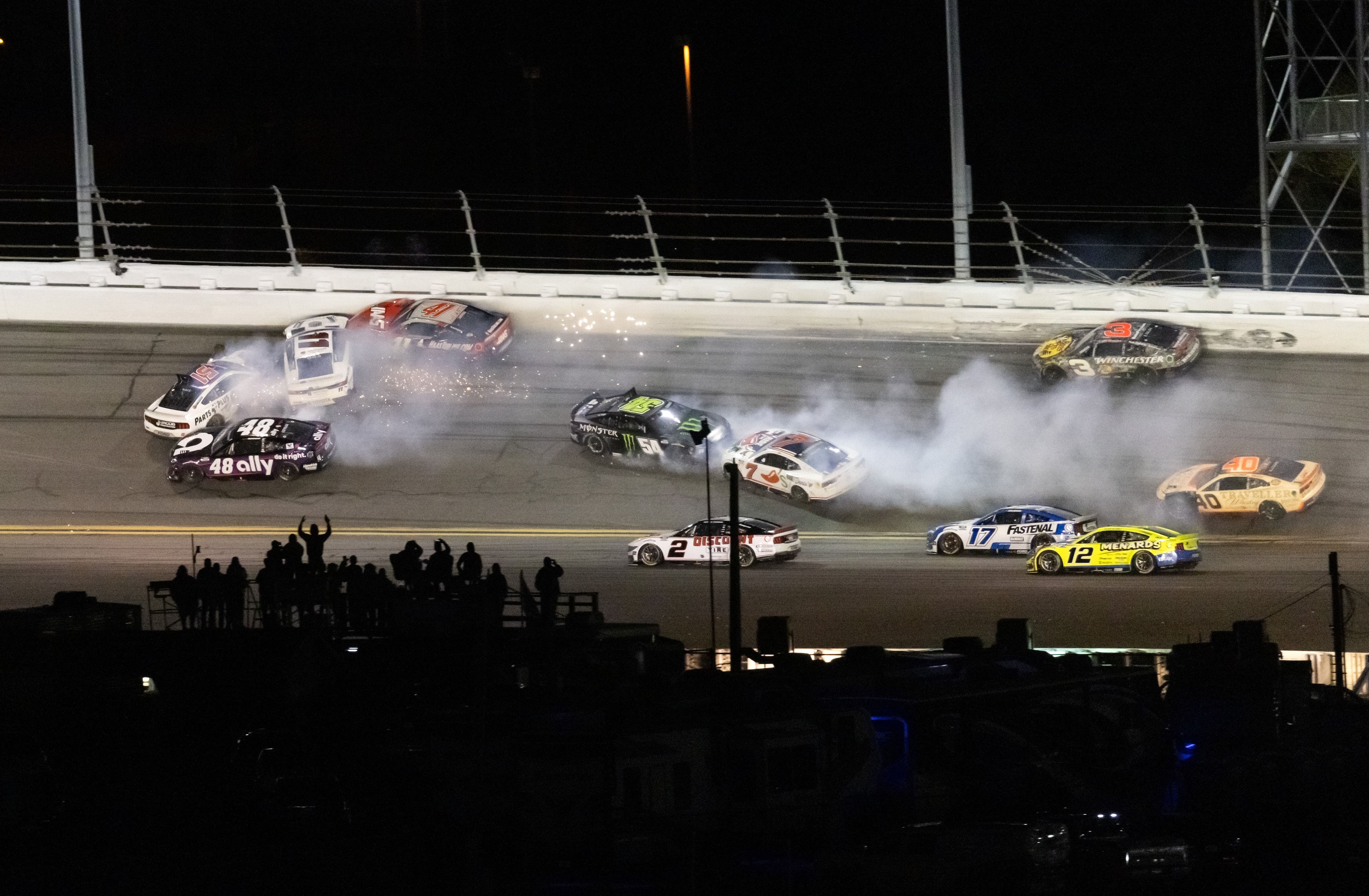 Denny Hamlin, Cody Ware, Cole Custer, and Ty Gibbs crash at the Daytona 500. Source: IMAGN