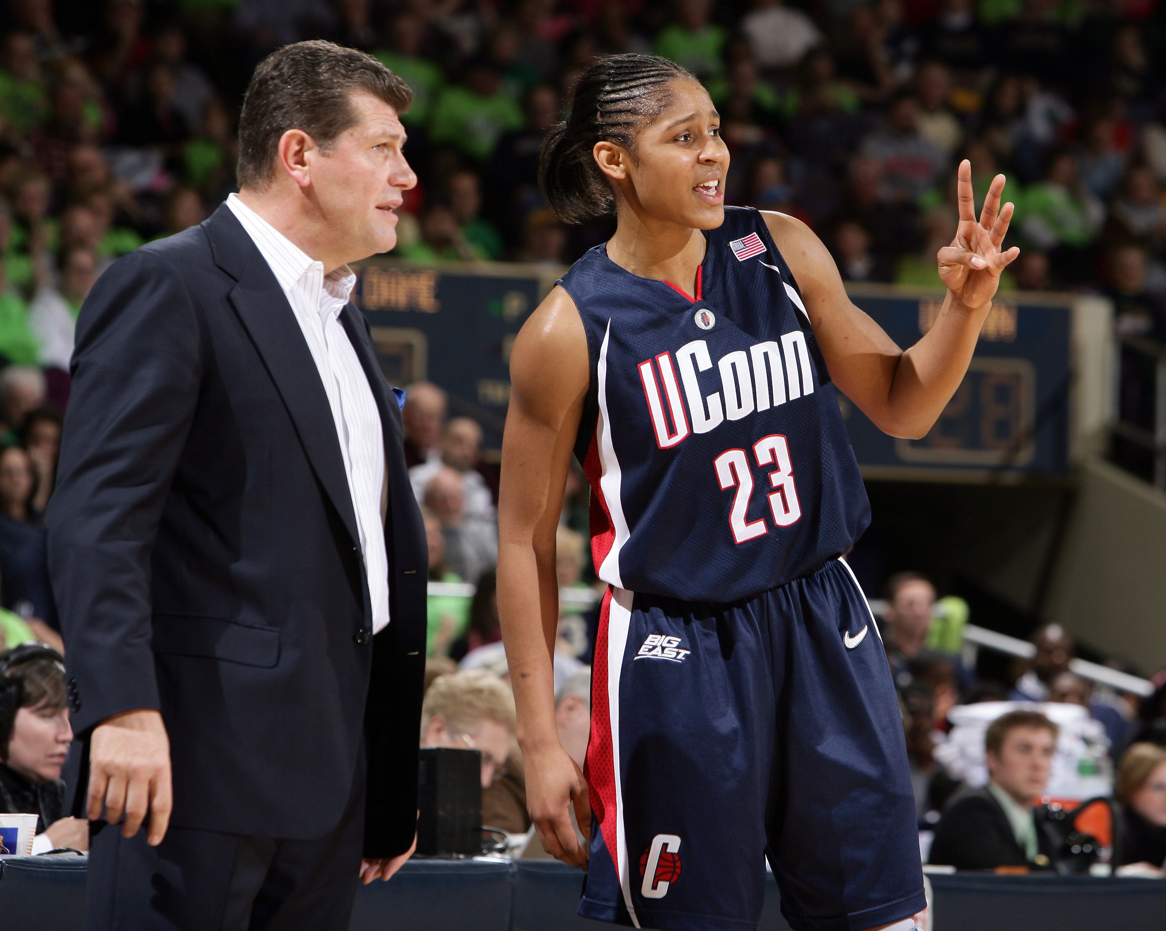 UConn Huskies head coach Geno Auriemma talks to forward Maya Moore (23) in the first half against the Notre Dame Fighting Irish at the Joyce Center. Photo: Imagn