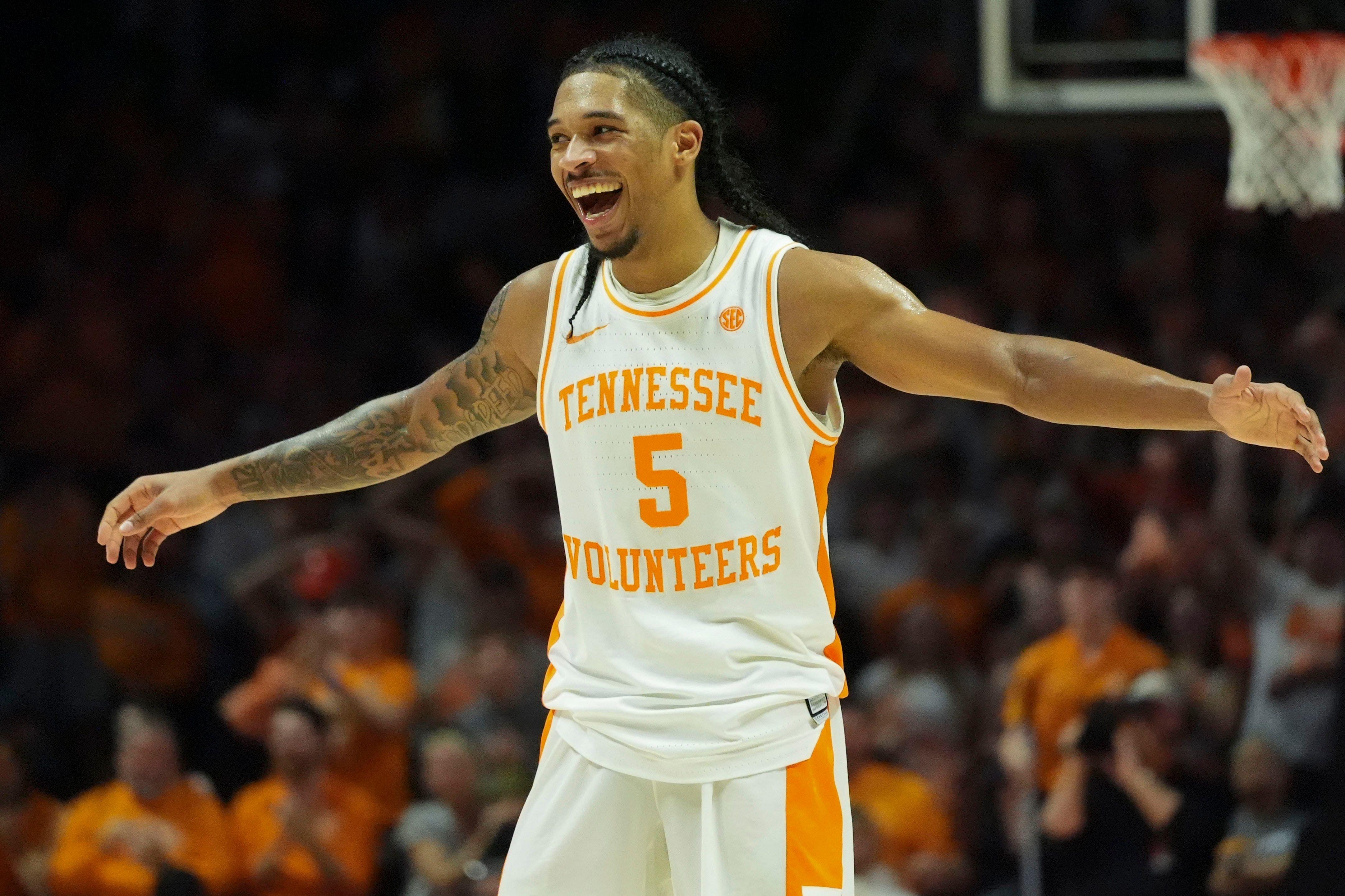 Tennessee&#039;s Zakai Zeigler (5) celebrates during the NCAA basketball game against Missouri on Feb. 5, 2025, in Knoxville. Zeigler is a finalist for the Bob Cousy Award. Photo: Imagn