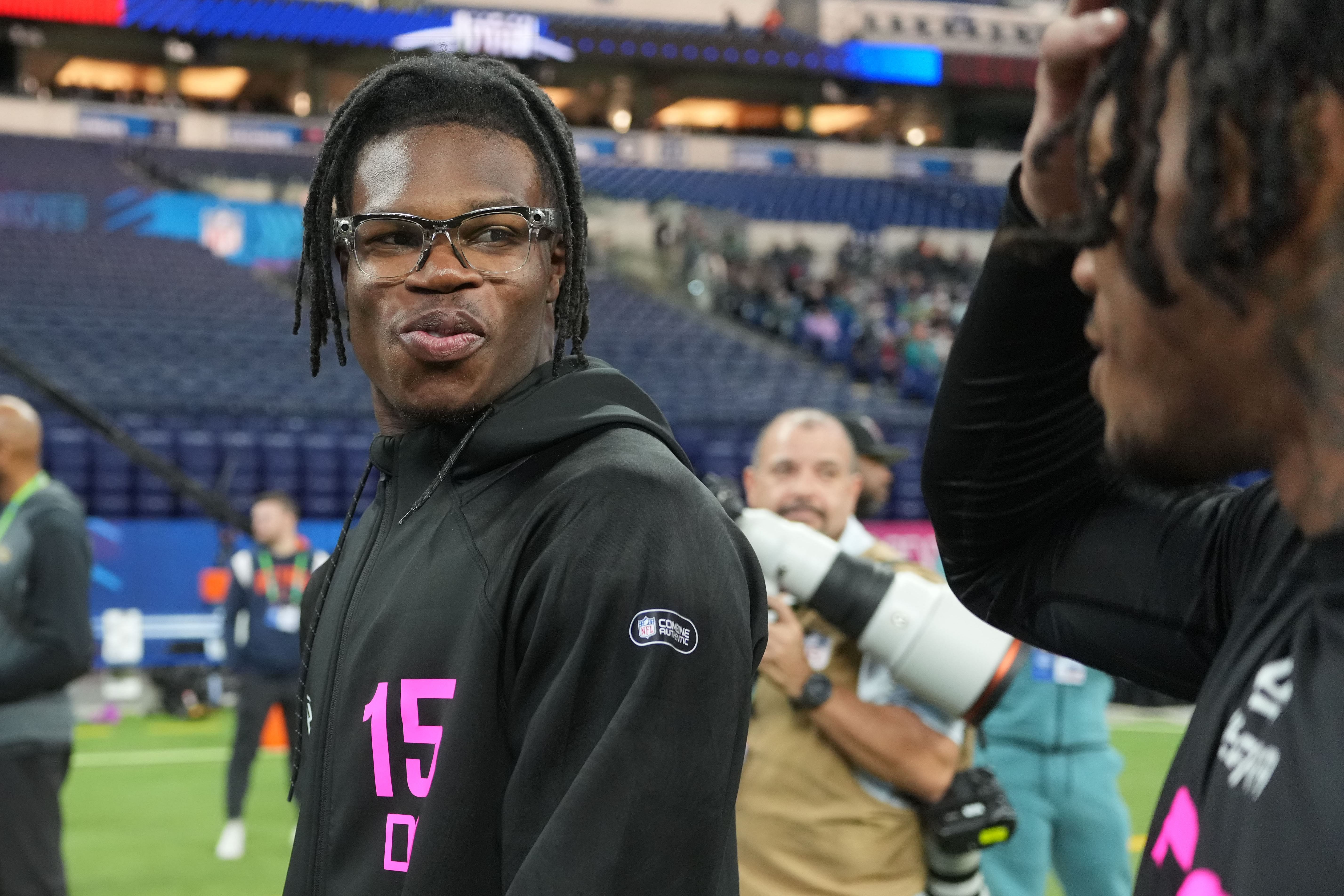 Travis Hunter (DB15) looks on during the 2025 NFL Combine - Source: Imagn