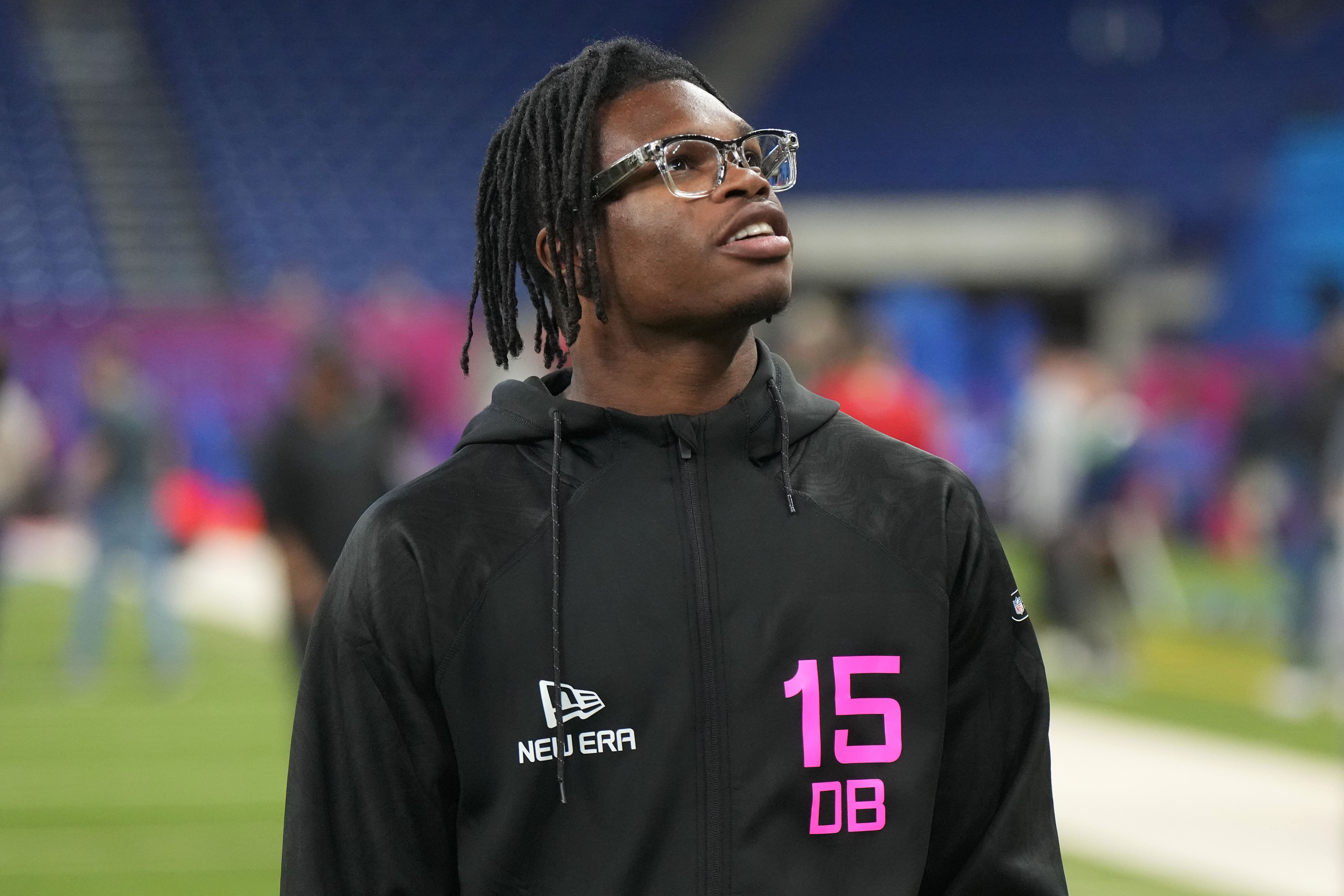 Former Colorado star Travis Hunter at the 2025 NFL Combine - Source: Imagn