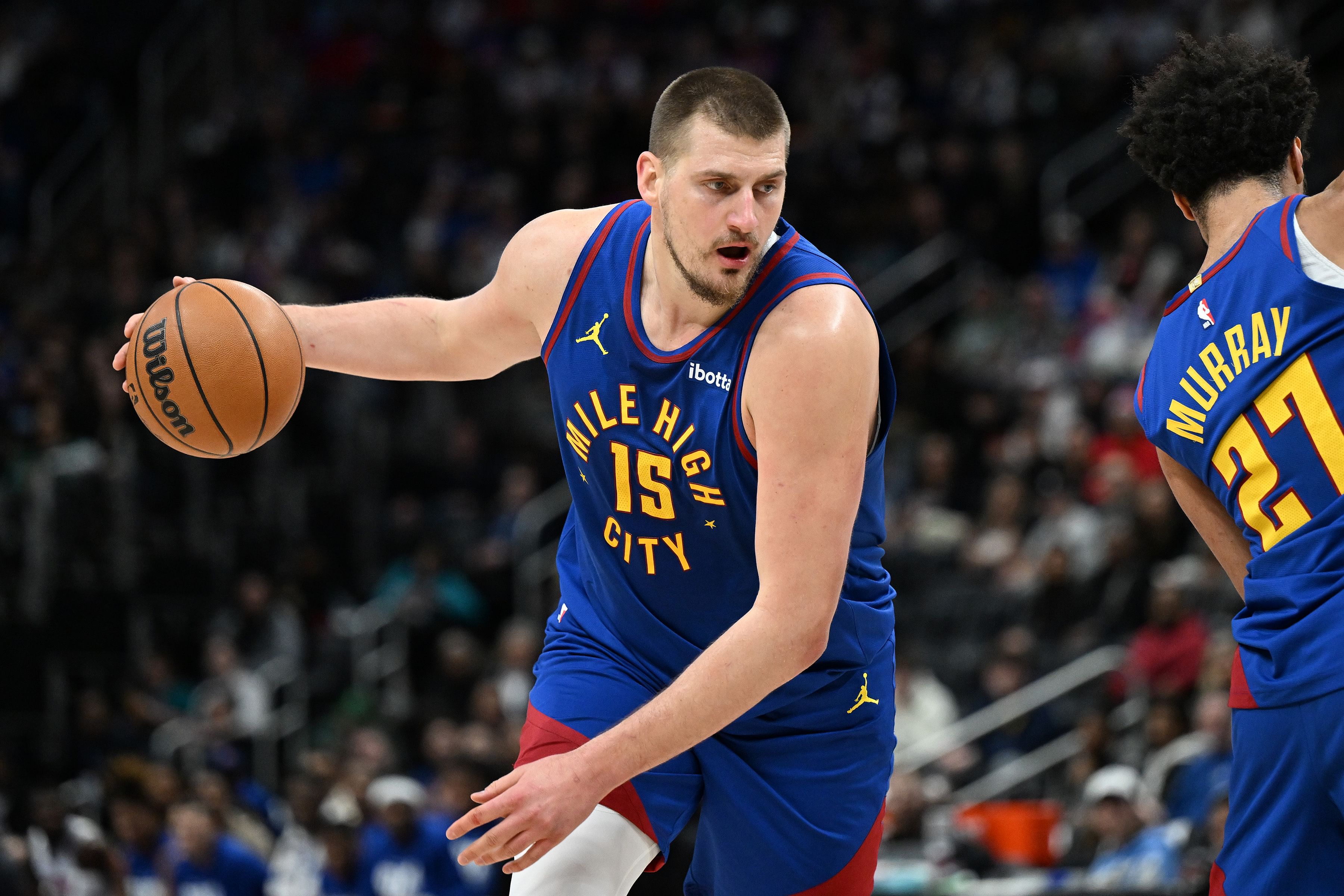 Denver Nuggets center Nikola Jokic gets ready to drive to the basket against the Detroit Pistons at Little Caesars Arena. Photo Credit: Imagn