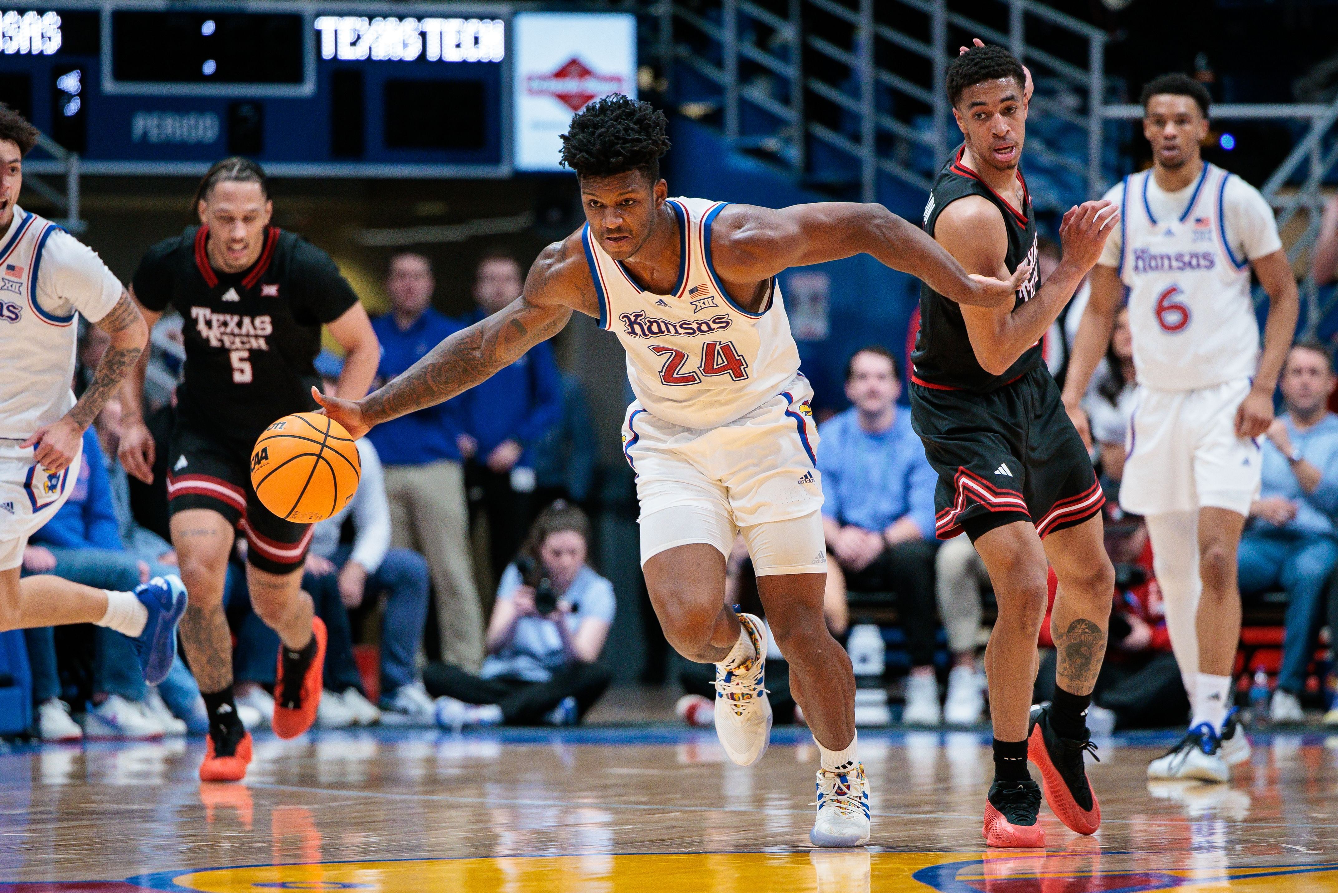 Kansas Jayhawks forward KJ Adams Jr. (24) brings the ball up court during the second half against the Texas Tech Red Raiders at Allen Fieldhouse. Photo: Imagn