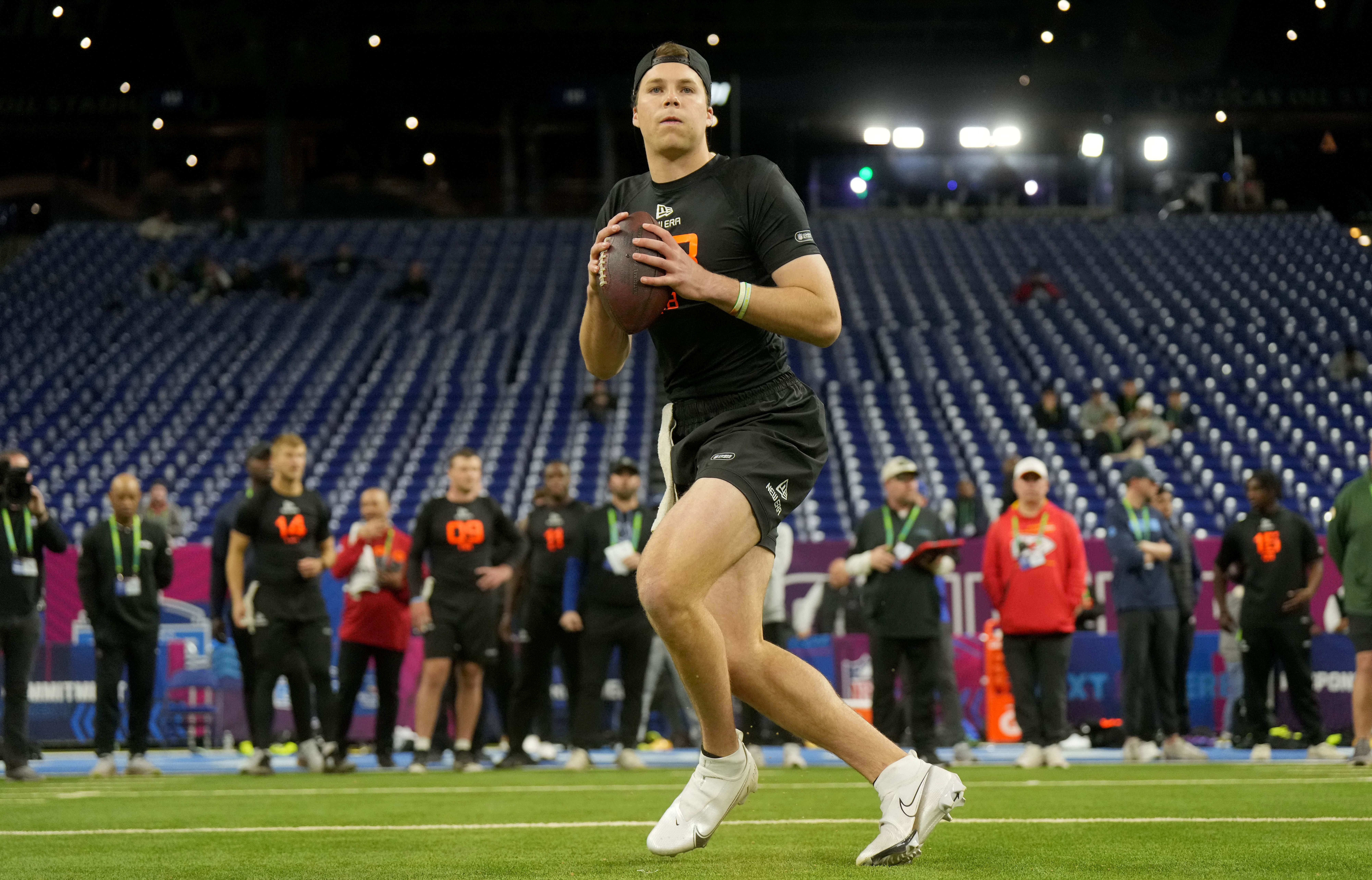 Mar 1, 2025; Indianapolis, IN, USA; Notre Dame quarterback Riley Leonard (QB08) during the 2025 NFL Combine at Lucas Oil Stadium. Mandatory Credit: Kirby Lee-Imagn Images - Source: Imagn