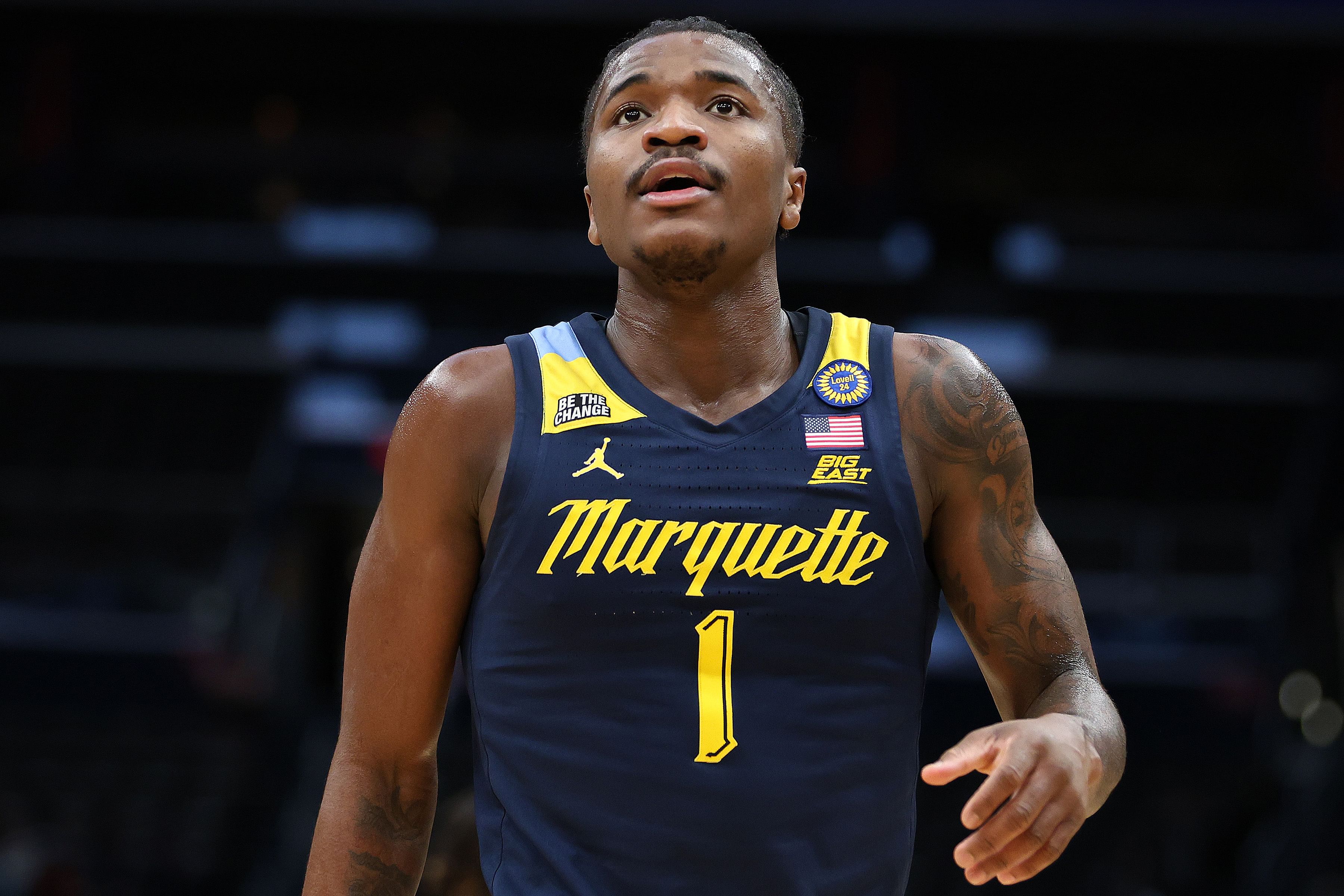 Marquette Golden Eagles guard Kam Jones (#1) looks on during the first half against the Georgetown Hoyas at Capital One Arena. Photo: Imagn