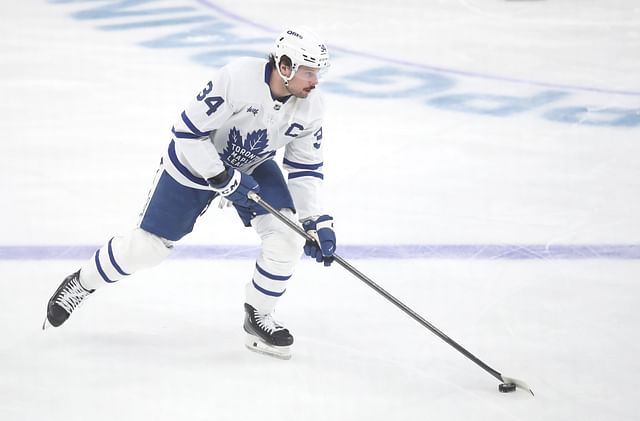 Mar 2, 2025; Pittsburgh, Pennsylvania, USA; Toronto Maple Leafs center Auston Matthews (34) warms up against the Pittsburgh Penguins at PPG Paints Arena. Mandatory Credit: Charles LeClaire-Imagn Images - Source: Imagn