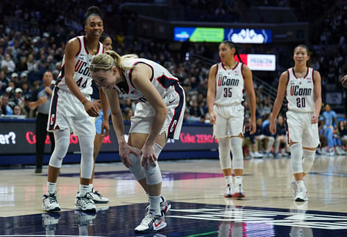UConn Huskies guard Paige Bueckers (5) reacts after missing a free throw against the Marquette Golden Eagles - Source: Imagn