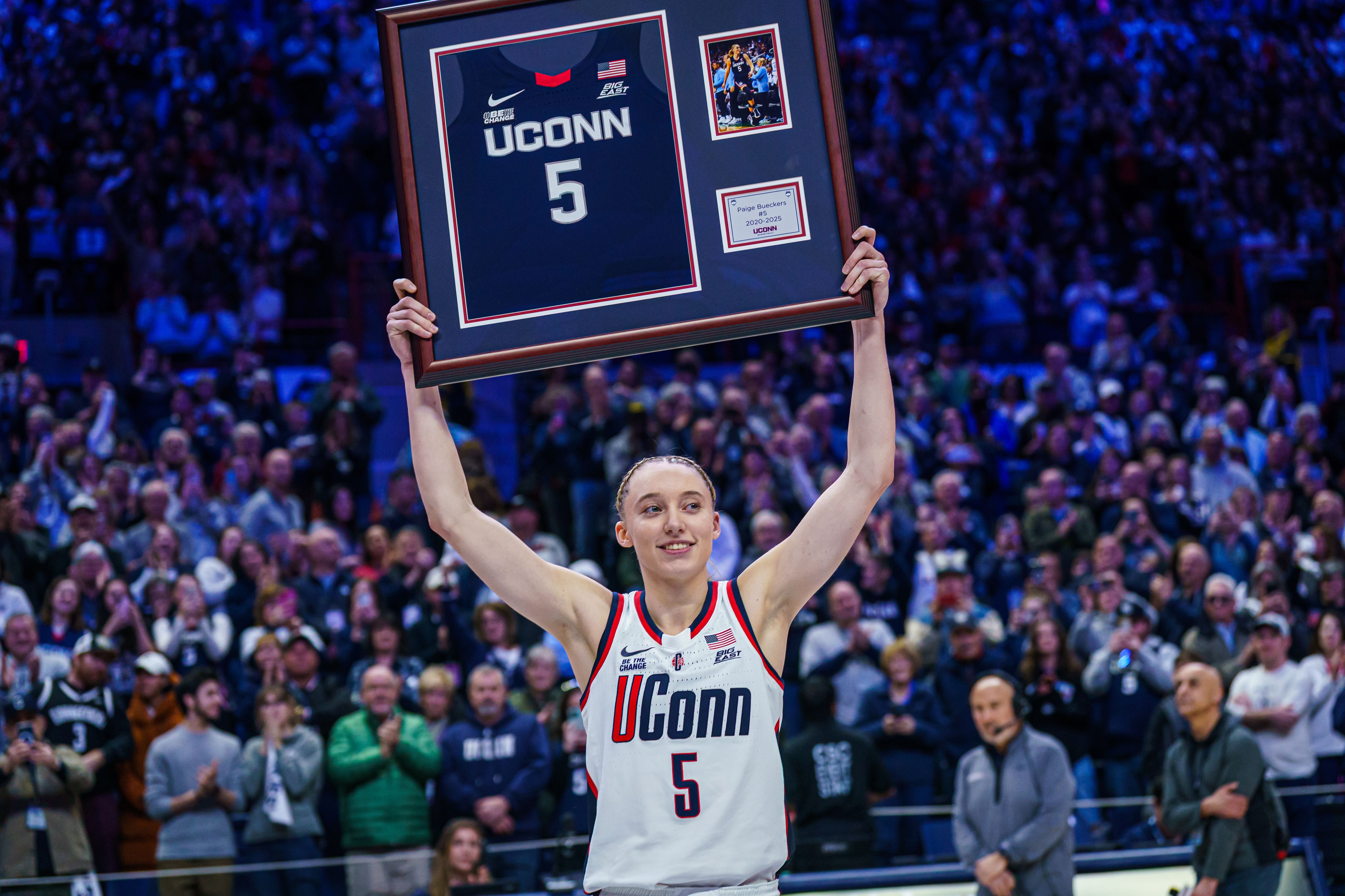 UConn Huskies guard Paige Bueckers (#5) is recognized during senior night after the game against the Marquette Golden Eagles at Harry A. Gampel Pavilion. Photo: Imagn