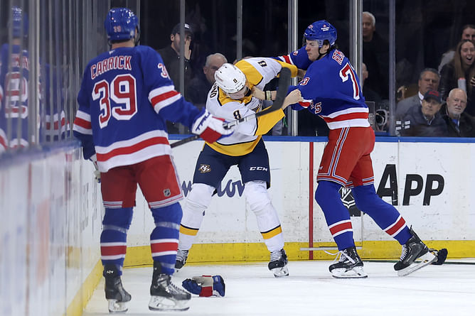 Watch: Rangers' Matt Rempe trades blows with Andreas Englund after landing a hit on his Predators teammates