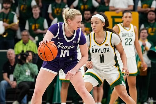 TCU Horned Frogs guard Hailey Van Lith (#10) controls the ball as Baylor Bears guard Jada Walker (#11) defends during the second half at Paul and Alejandra Foster Pavilion. Photo: Imagn