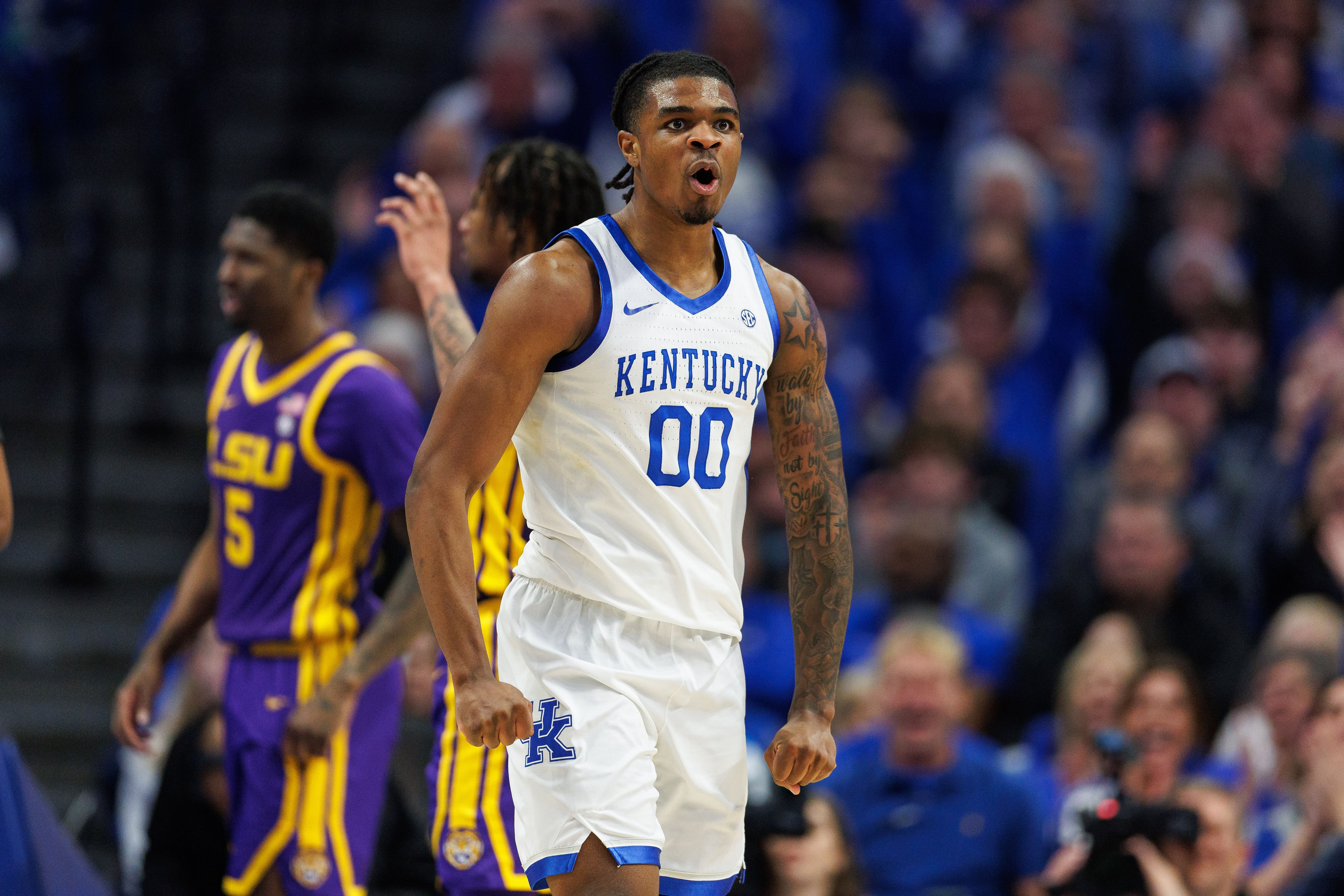 Kentucky Wildcats guard Otega Oweh (#00) reacts after scoring a basket during the first half of their game against the LSU Tigers at Rupp Arena at Central Bank Center on March 4, 2025. Photo: Imagn