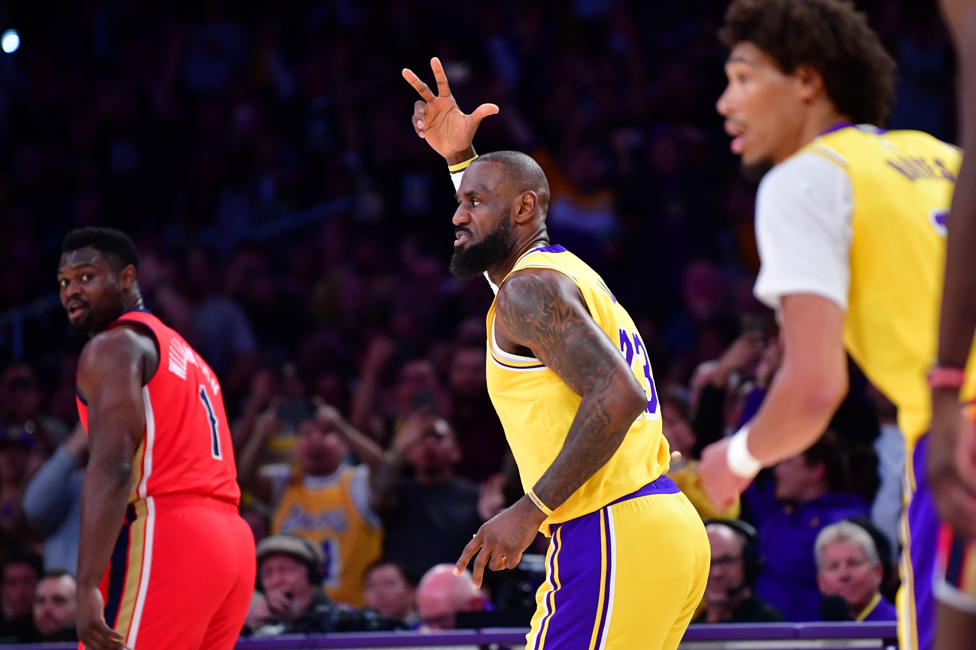 Mar 4, 2025; Los Angeles, California, USA; Los Angeles Lakers forward LeBron James (23) reacts after scoring a three point basket and recording 50,000 career NBA points against the against the New Orleans Pelicans during the first half at Crypto.com Arena. Mandatory Credit: Gary A. Vasquez-Imagn Images - Source: Imagn