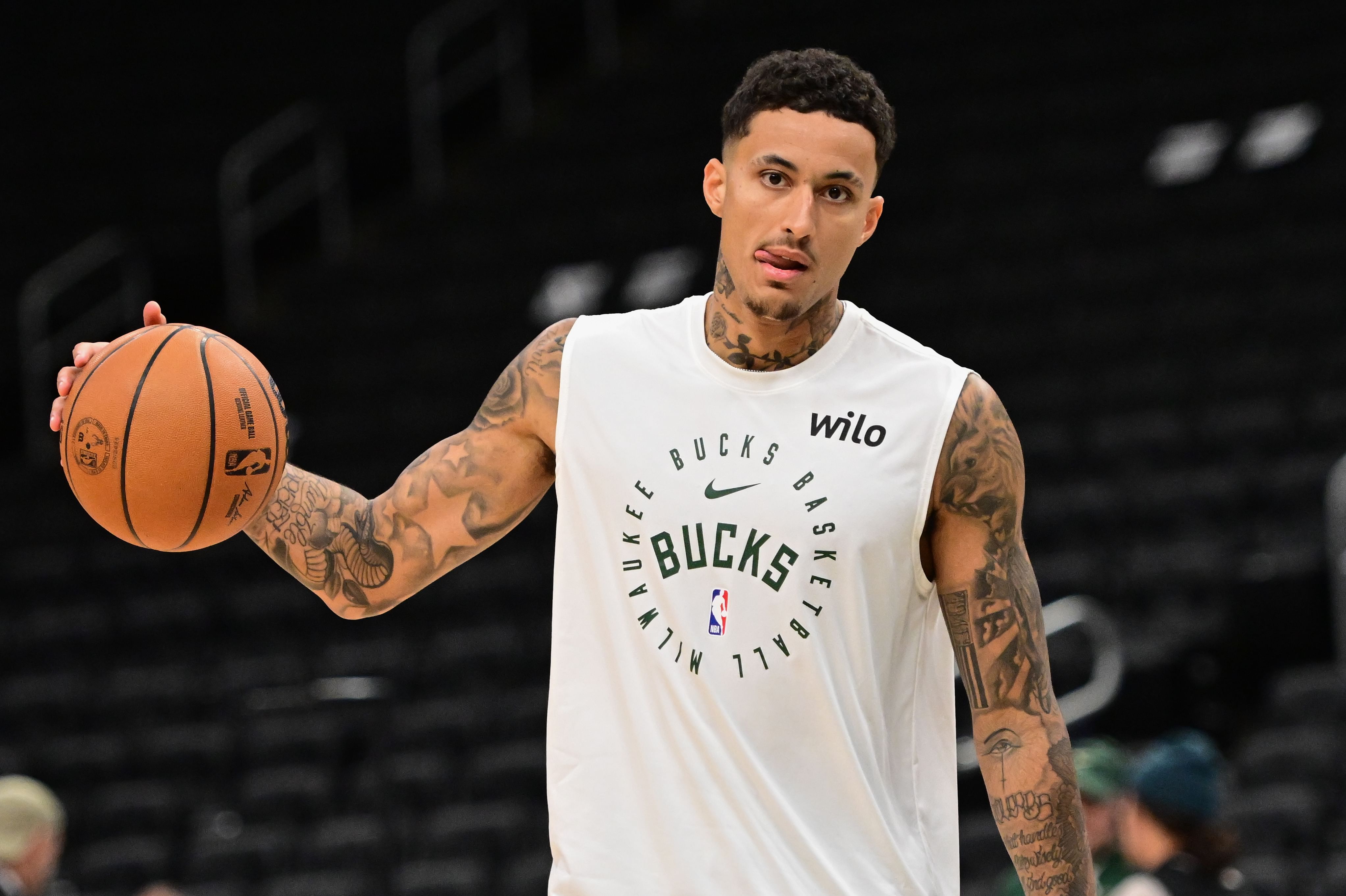 Milwaukee Bucks forward Kyle Kuzma (18) warms up before game against the Dallas Mavericks at Fiserv Forum. Photo Credit: Imagn