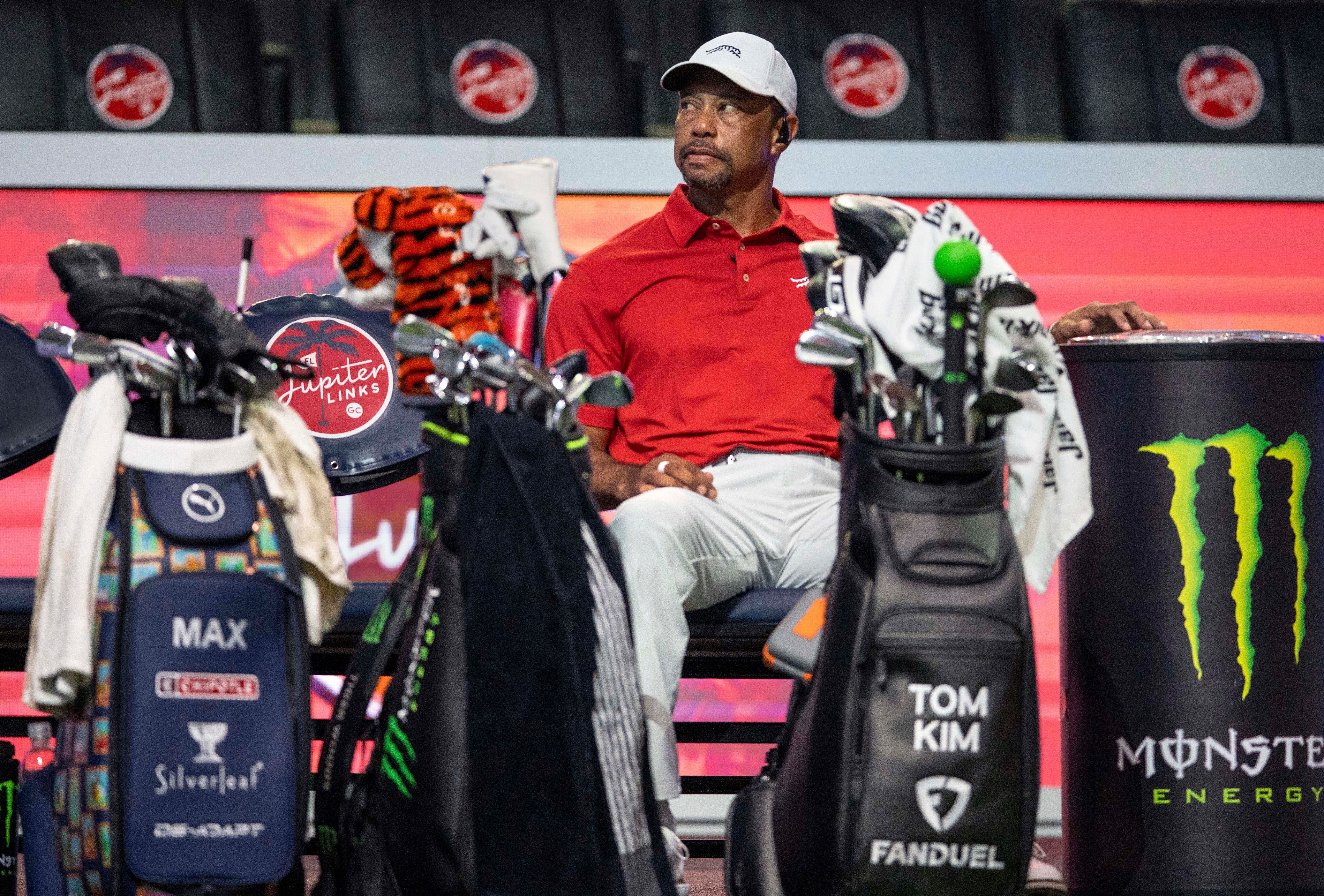 Tiger Woods of Jupiter Links GC sits during a break in their TGL golf match against Atlanta Drive GC at SoFi Center- Source: Imagn