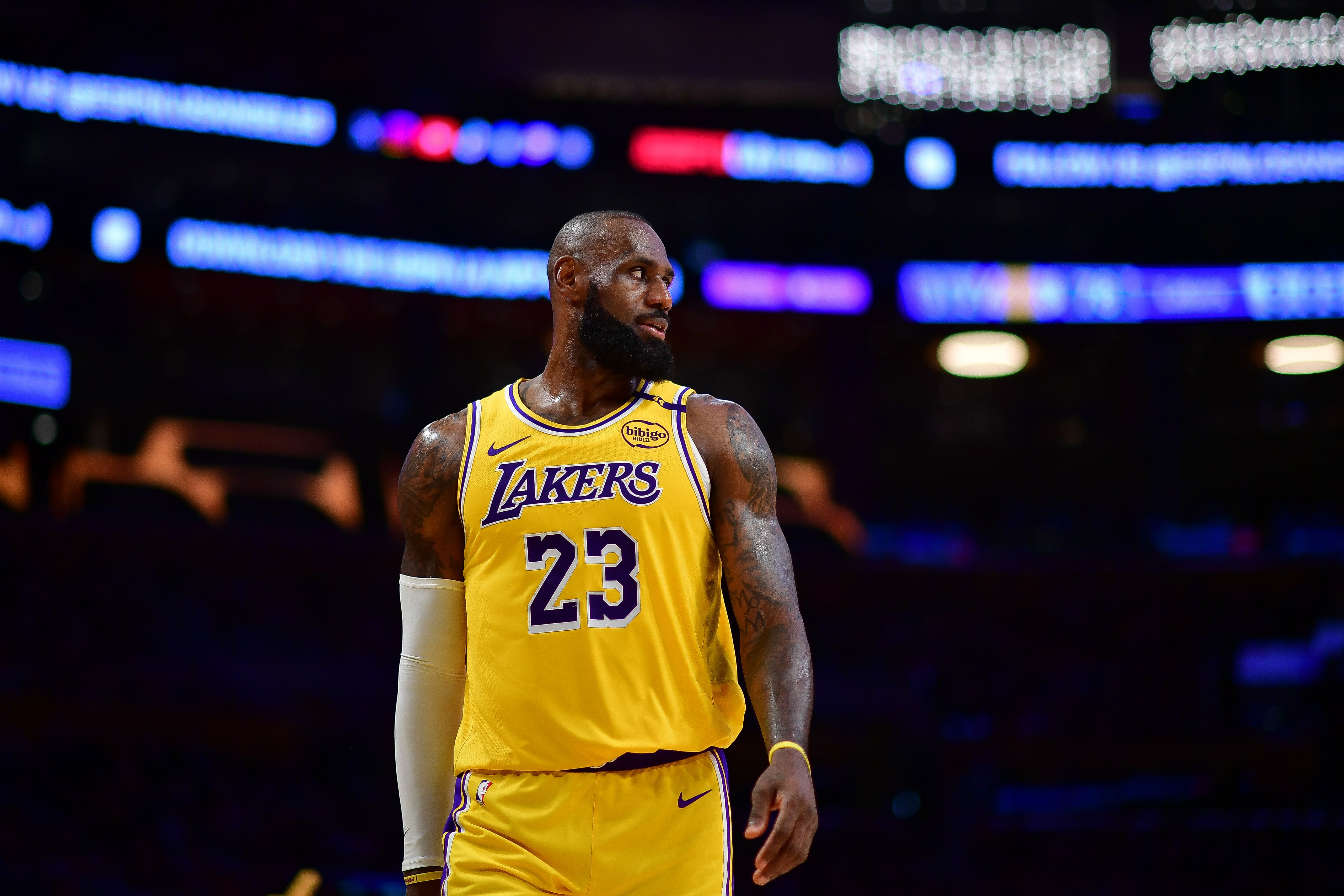 Los Angeles Lakers forward LeBron James against the New York Knicks at Crypto.com Arena. Photo Credit: Imagn