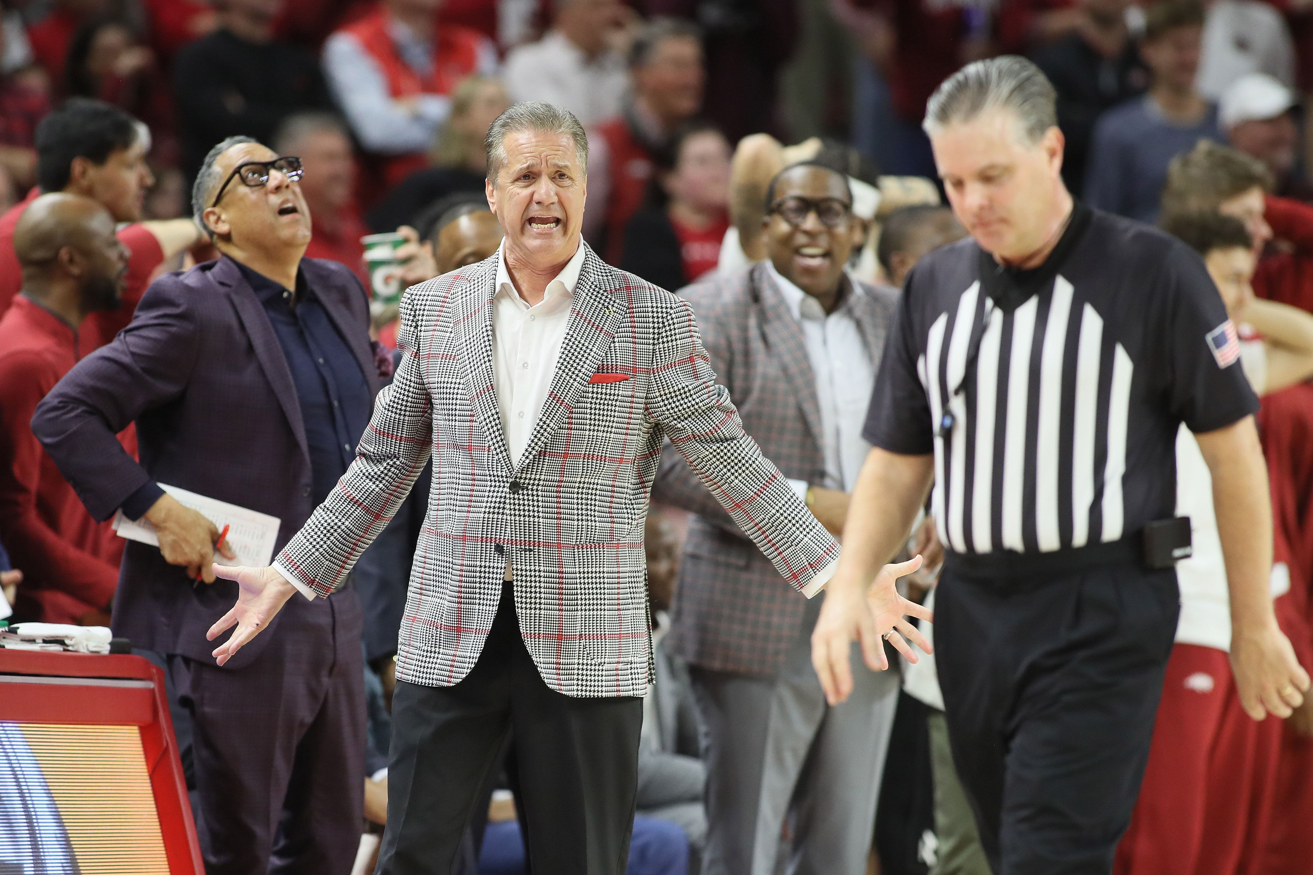 Arkansas Razorbacks head coach John Calipari reacts to a call in the first half of their game against the Mississippi State Bulldogs at Bud Walton Arena. Photo: Imagn