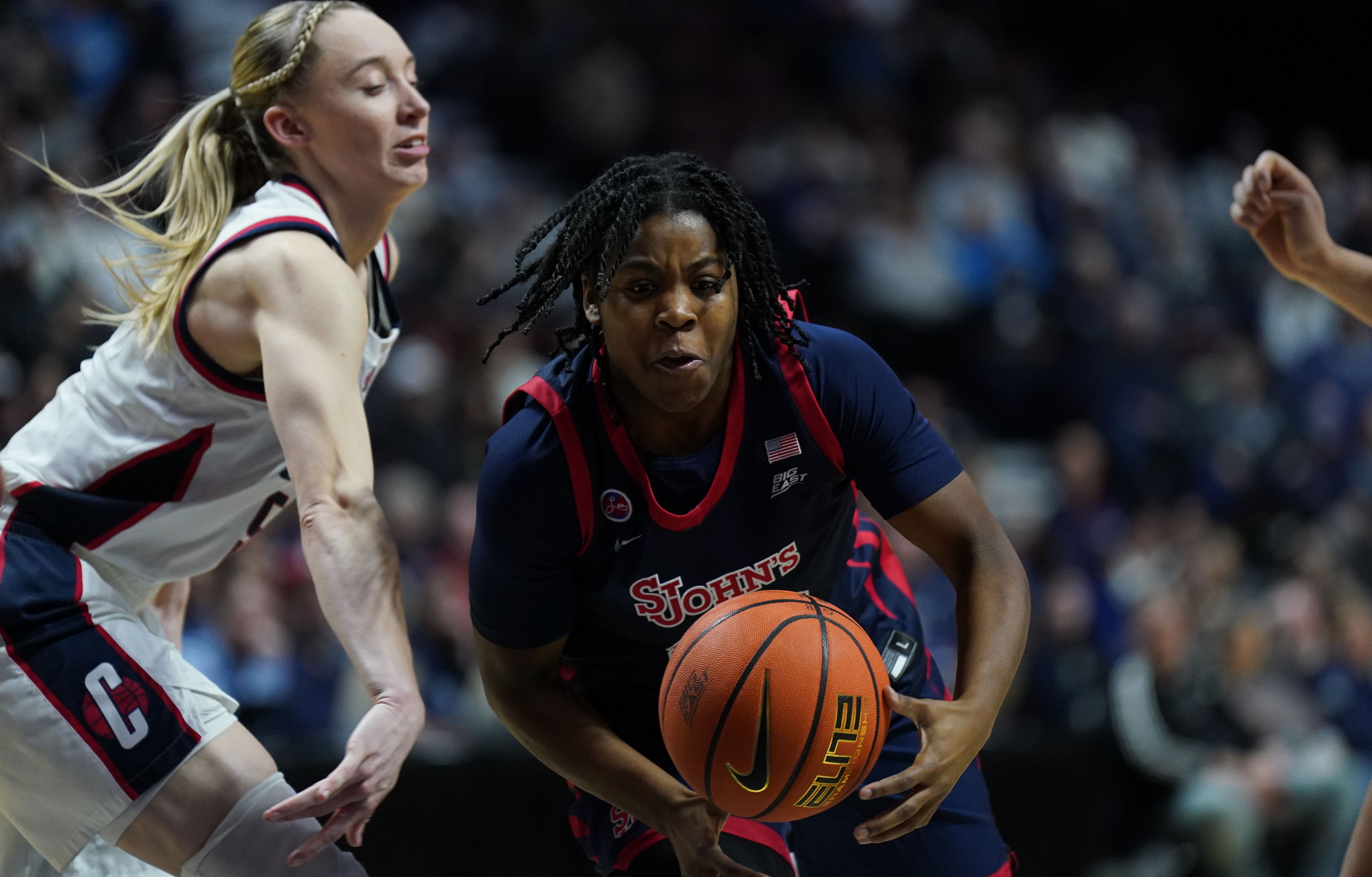 Ber&#039;Nyah Mayo (23) looses control of the ball against UConn Huskies guard Paige Bueckers - Source: Imagn