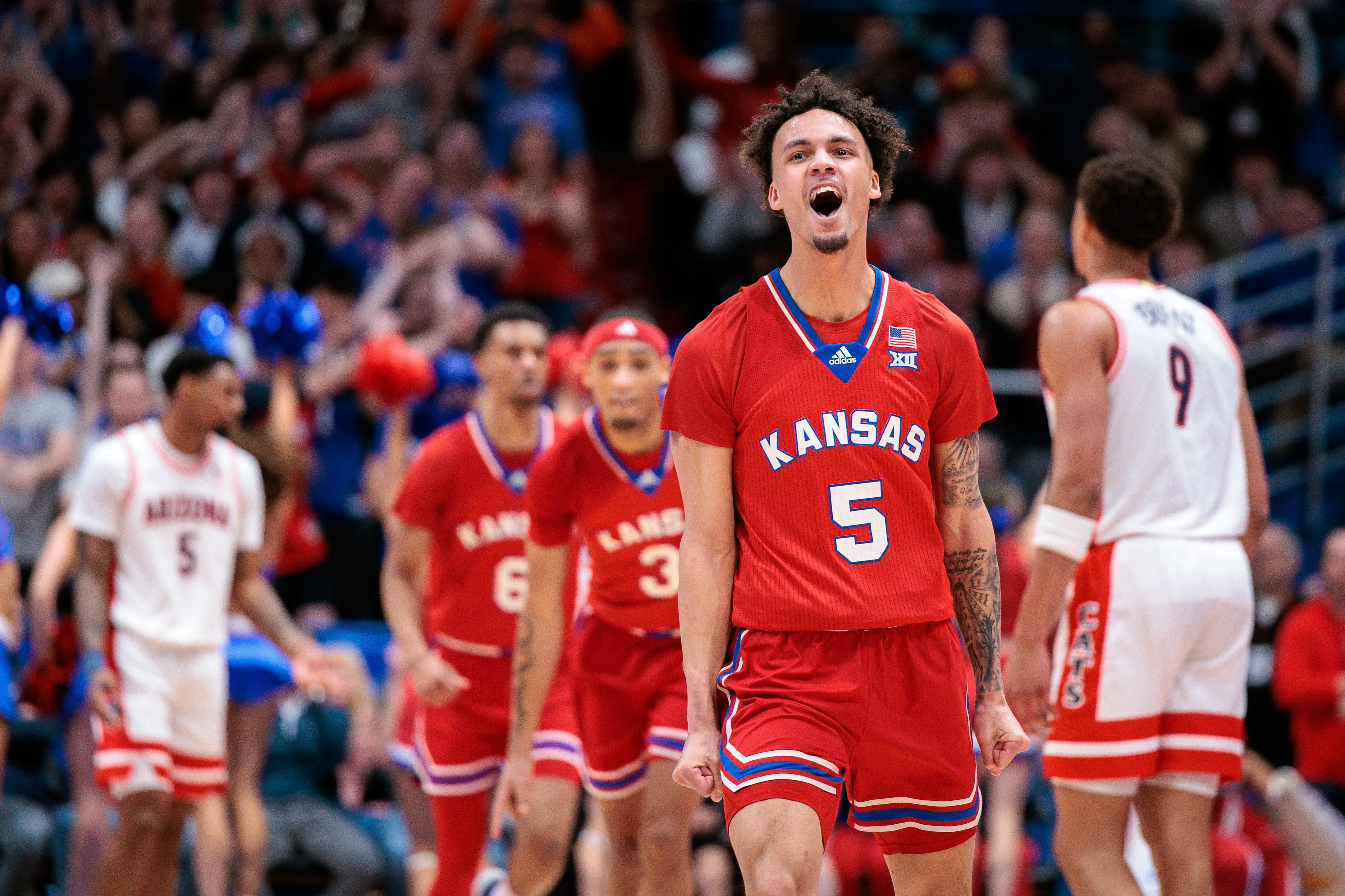 Kansas Jayhawks guard Zeke Mayo (5) reacts after a play against the Arizona Wildcats during the first half of their NCAA basketball game at Allen Fieldhouse. Photo: Imagn