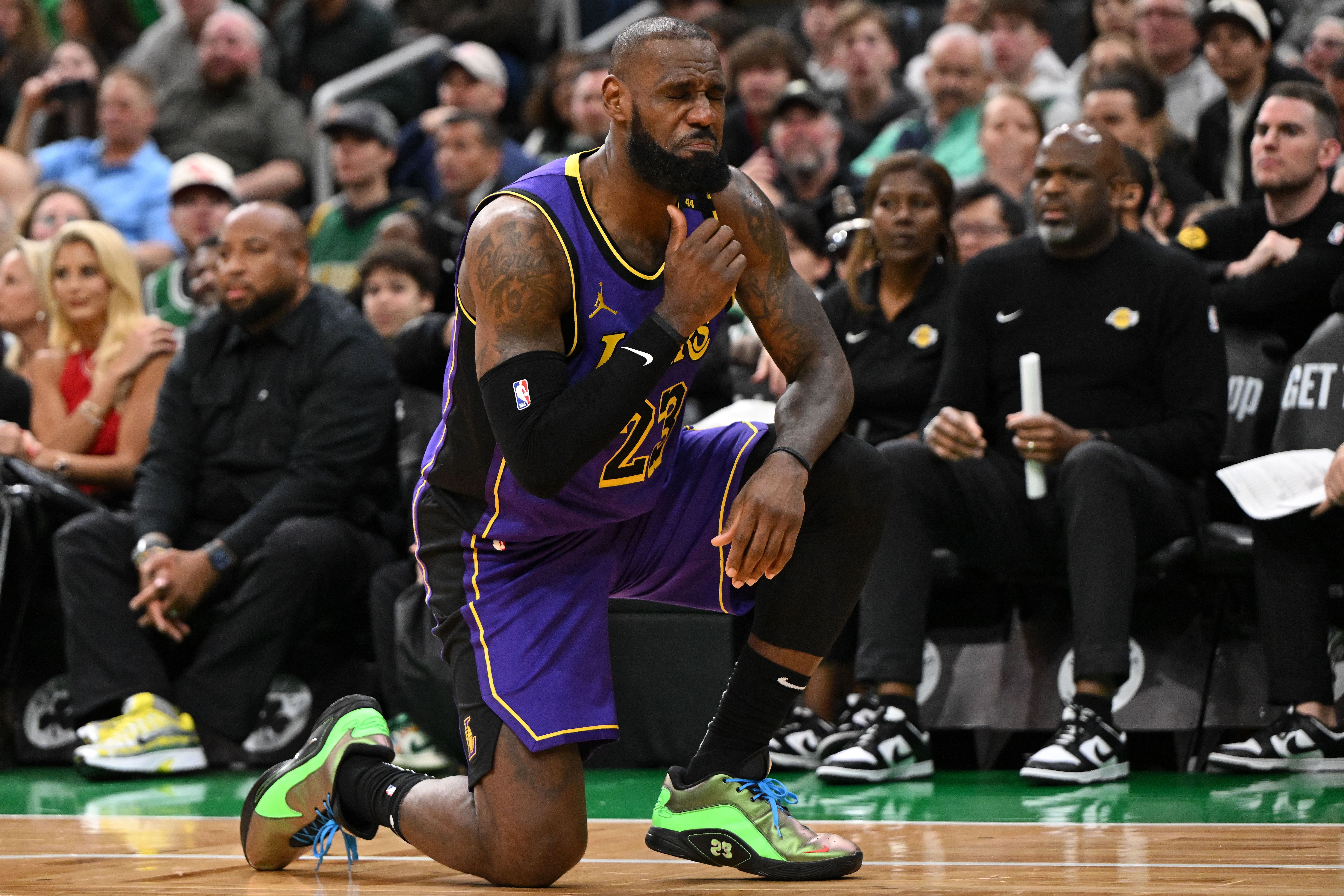 LeBron James suffers groin injury in loss to Celtics. (Photo: IMAGN)