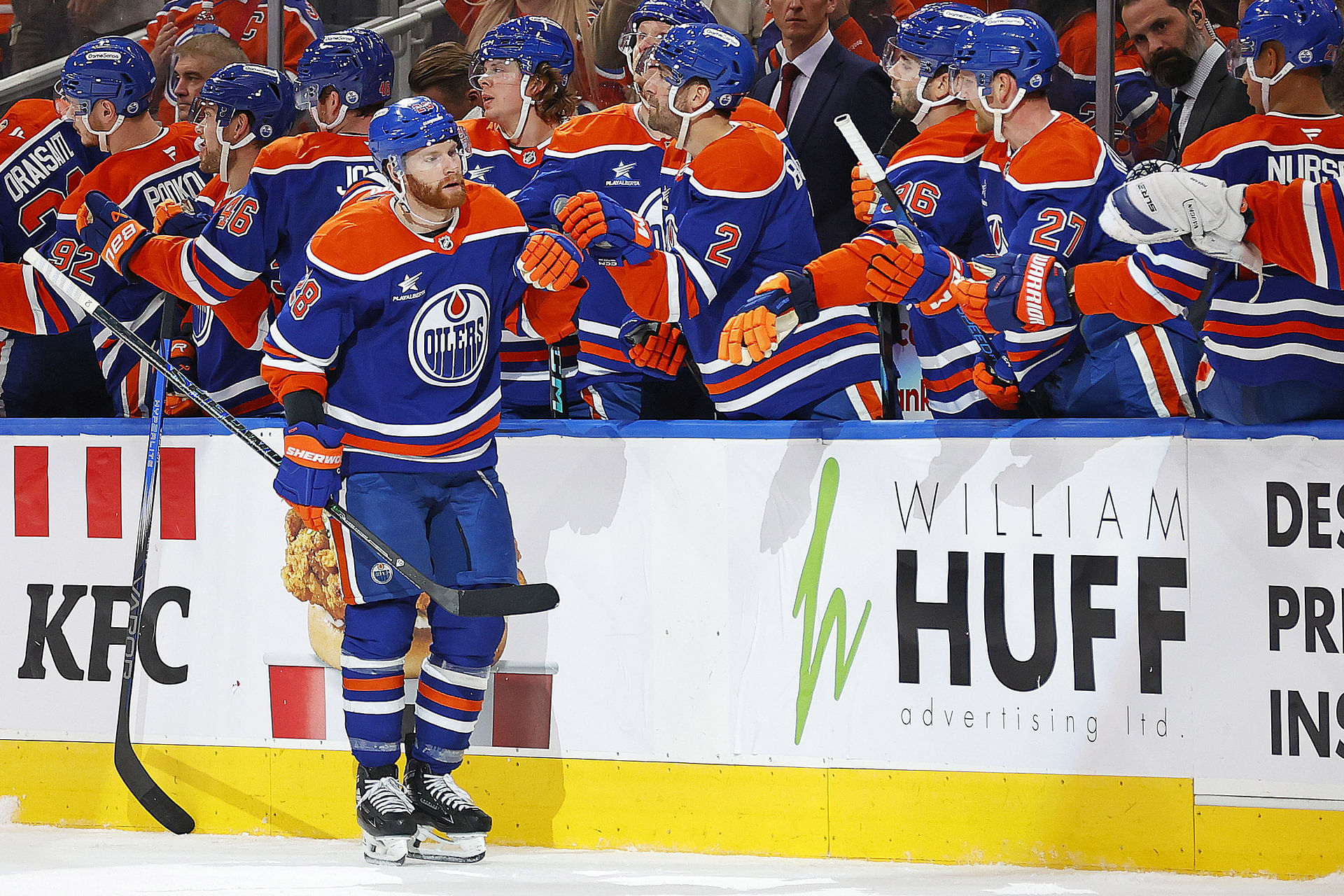Mar 8, 2025; Edmonton, Alberta, CAN; The Edmonton Oilers celebrate a goal scored by forward Connor Brown (28) during the second period against the Dallas Stars at Rogers Place. Mandatory Credit: Perry Nelson-Imagn Images - Source: Imagn