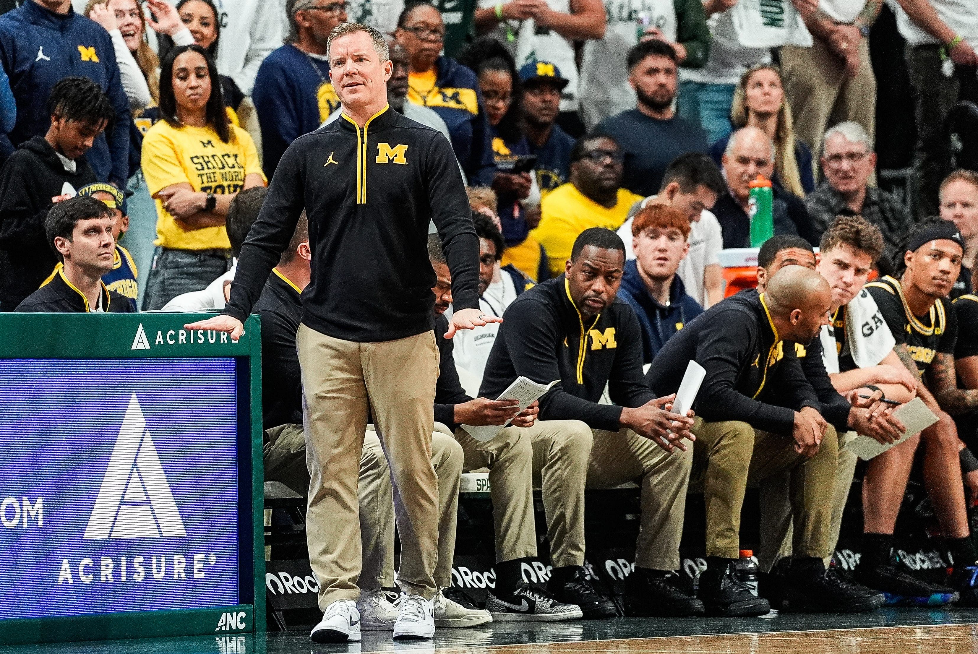 Michigan head coach Dusty May reacts to a play against Michigan State during the first half at Breslin Center in East Lansing on March 9, 2025. Photo: Imagn