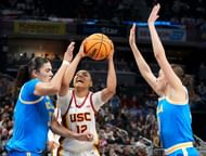 UCLA Bruins guard Gabriela Jaquez (11) and center Lauren Betts (51) defend USC Trojans guard JuJu Watkins (12) in the second half of the 2025 Big Ten Tournament finals on March 9, 2025, at Gainbridge Fieldhouse. Photo: Imagn
