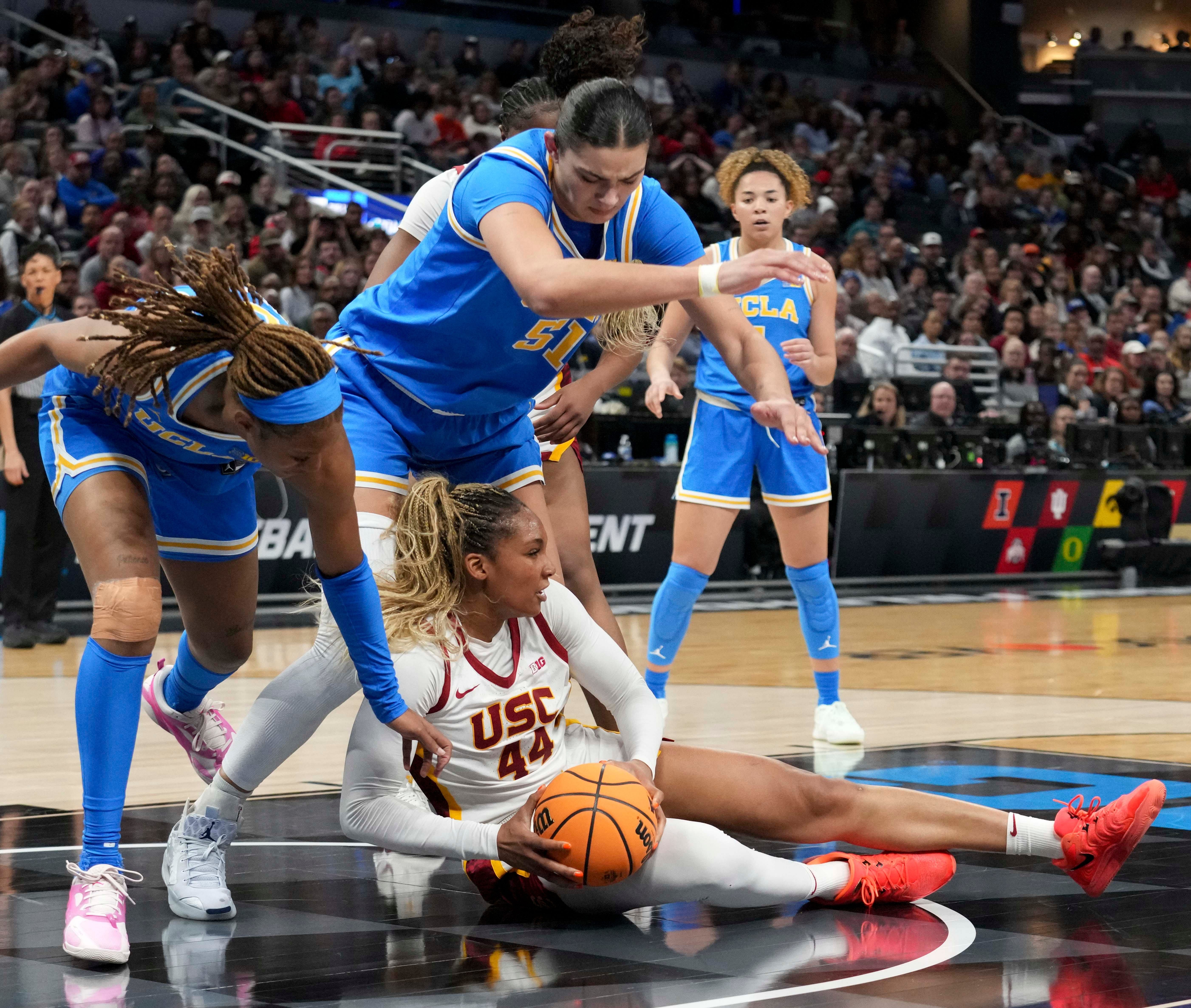 USC&#039;s Kiki Iriafen has been valiant against bigger players like Lauren Betts, but USC may be asking too much of Iriafen in those situations. (Photo Credit: IMAGN)