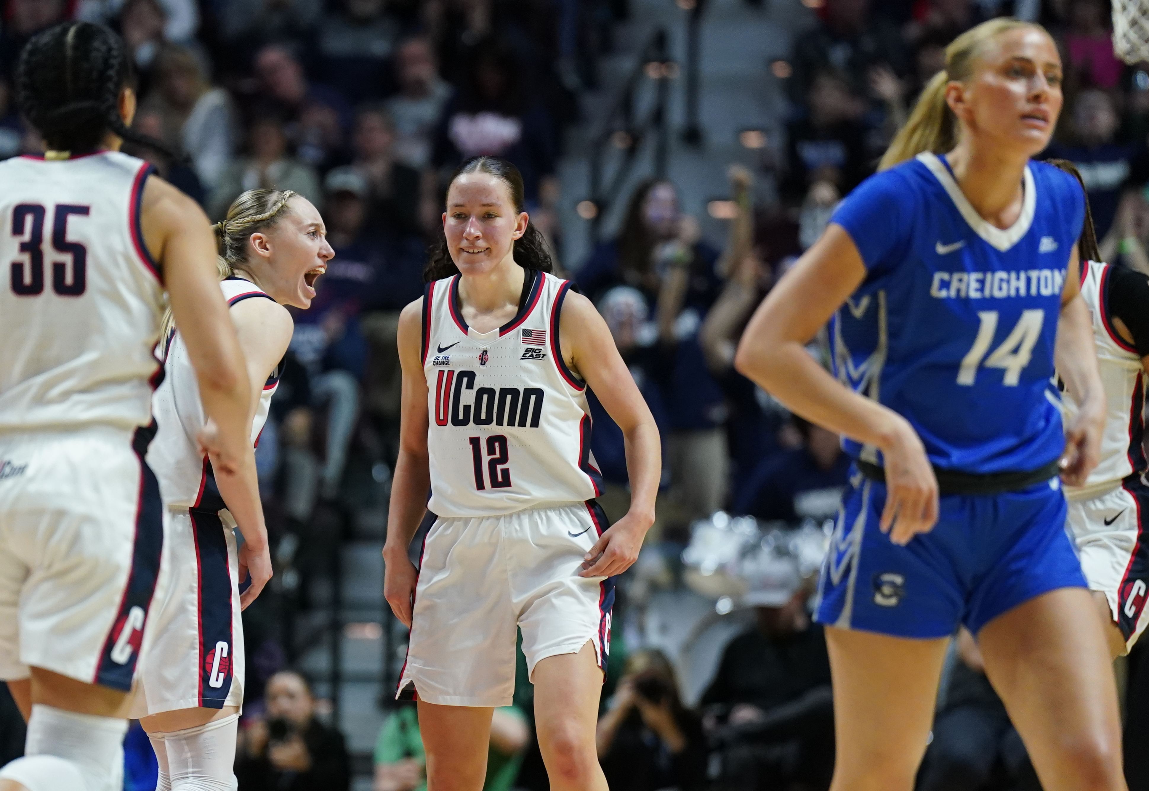 Paige Bueckers (5) reacts after a play against the Creighton Bluejays - Source: Imagn