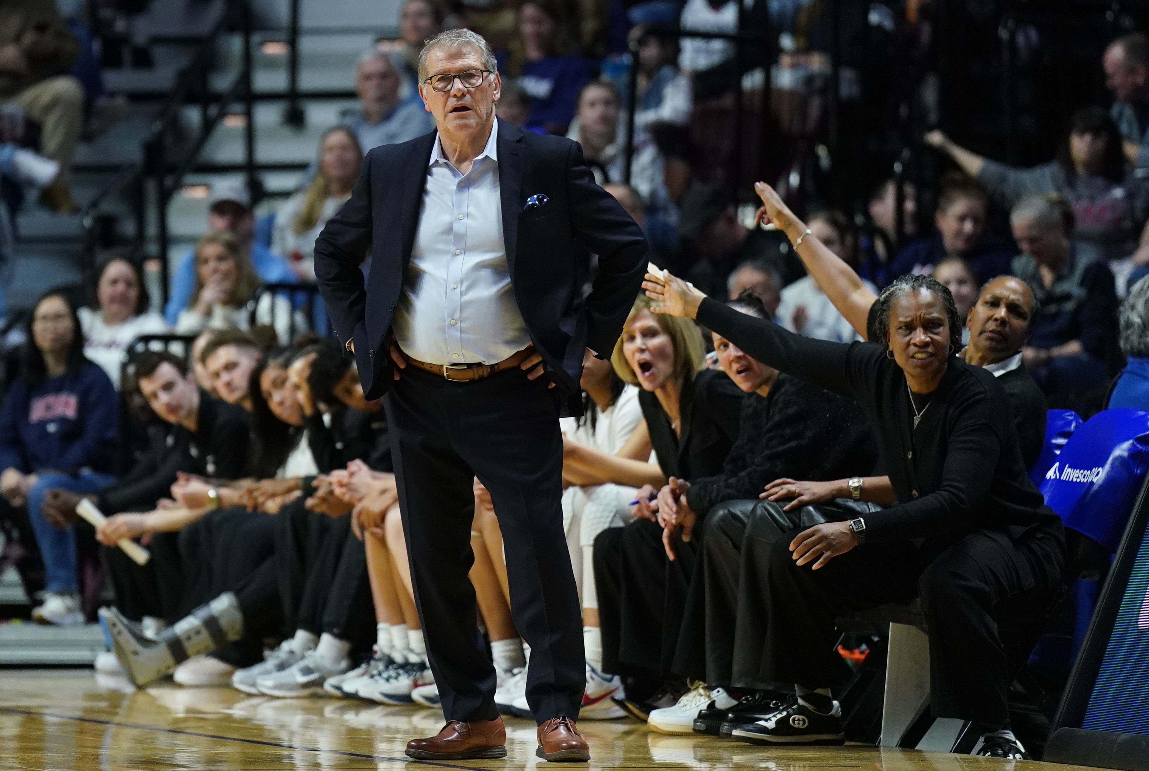 UConn Huskies head coach Geno Auriemma watches from the sideline as they take on the Creighton Bluejays at Mohegan Sun Arena. Photo: Imagn