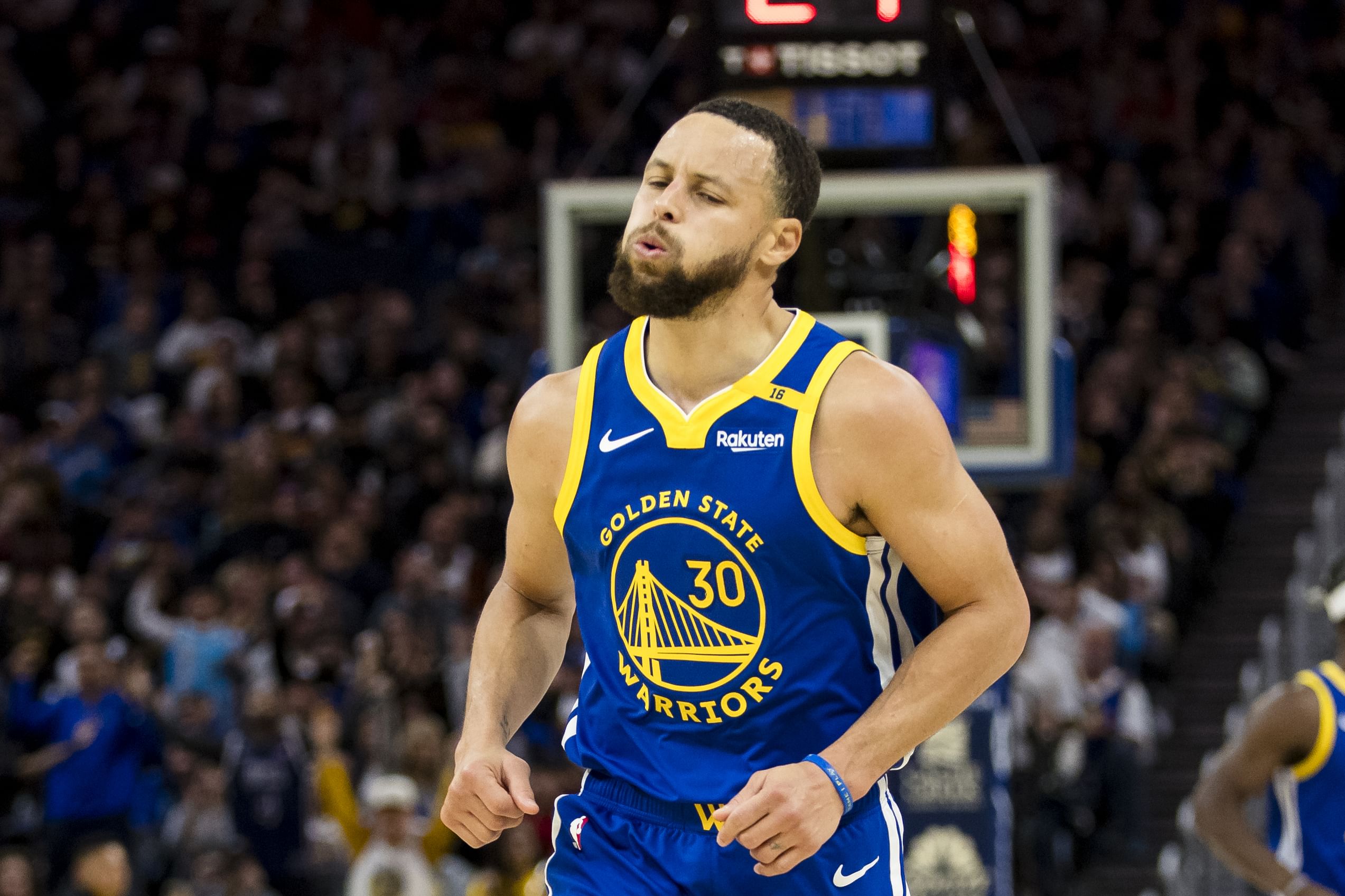 Golden State Warriors guard Stephen Curry reacts after hitting a three-point shot against the Portland Trail Blazers at Chase Center. Photo Credit: Imagn